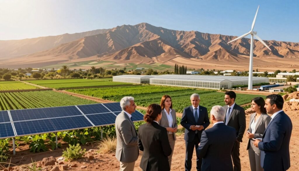 A vibrant landscape depicting the potential of green economy investments in Morocco. In the foreground, a diverse group of professionals in business attire are engaged in discussion, examining eco-friendly technology and renewable energy solutions like solar panels and wind turbines. The middle ground features lush green fields with agricultural crops and innovative greenhouses utilizing sustainable practices. In the background, the Atlas Mountains rise majestically under a clear blue sky, symbolizing strength and growth. Golden sunlight bathes the scene, creating an optimistic and hopeful atmosphere. The image should have a warm color palette, shot from a slightly elevated angle to capture the expansive landscape and the interaction of the professionals, evoking a sense of collaboration and potential. A vibrant landscape depicting the potential of green economy investments in Morocco. In the foreground, a diverse group of professionals in business attire are engaged in discussion, examining eco-friendly technology and renewable energy solutions like solar panels and wind turbines. The middle ground features lush green fields with agricultural crops and innovative greenhouses utilizing sustainable practices. In the background, the Atlas Mountains rise majestically under a clear blue sky, symbolizing strength and growth. Golden sunlight bathes the scene, creating an optimistic and hopeful atmosphere. The image should have a warm color palette, shot from a slightly elevated angle to capture the expansive landscape and the interaction of the professionals, evoking a sense of collaboration and potential.