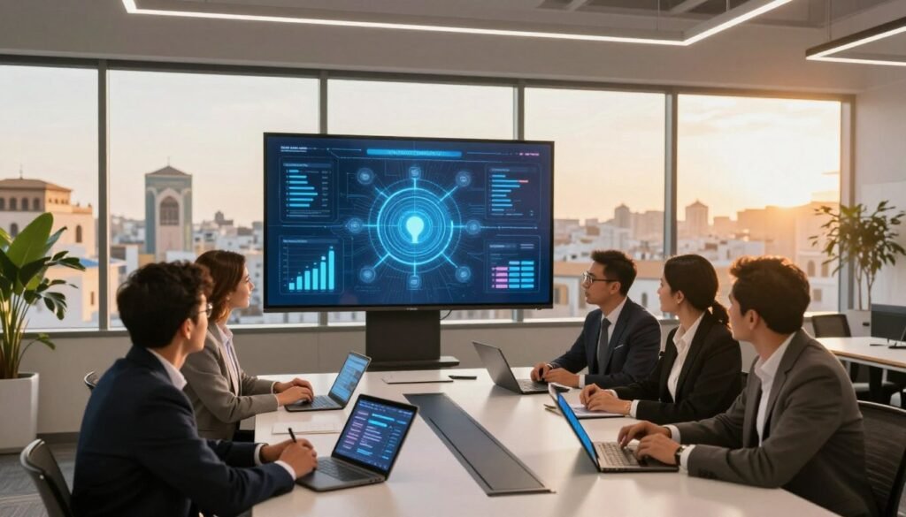 A vibrant, modern Moroccan office space showcasing government initiatives for digital technology. In the foreground, a diverse group of professionals in business attire is engaged in a collaborative discussion around a sleek conference table filled with digital devices like tablets and laptops. The middle layer features a large digital screen displaying graphics of technological advancements and metrics, symbolizing progress in the digital era. The background includes large windows with a view of a bustling Moroccan cityscape, illuminated by warm sunlight. The scene conveys a sense of innovation and optimism, with soft, ambient lighting creating a welcoming atmosphere. The camera angle is slightly elevated to capture both the interactions of the professionals and the digital elements prominently. A vibrant, modern Moroccan office space showcasing government initiatives for digital technology. In the foreground, a diverse group of professionals in business attire is engaged in a collaborative discussion around a sleek conference table filled with digital devices like tablets and laptops. The middle layer features a large digital screen displaying graphics of technological advancements and metrics, symbolizing progress in the digital era. The background includes large windows with a view of a bustling Moroccan cityscape, illuminated by warm sunlight. The scene conveys a sense of innovation and optimism, with soft, ambient lighting creating a welcoming atmosphere. The camera angle is slightly elevated to capture both the interactions of the professionals and the digital elements prominently.
