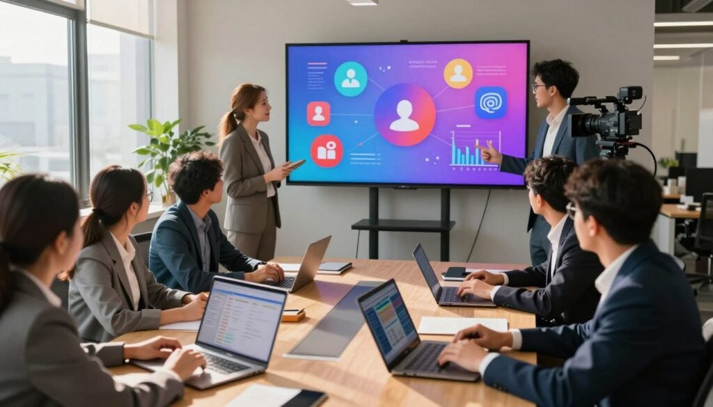 A vibrant, modern office environment illustrating the impact of social media in digital marketing. In the foreground, a diverse group of professionals, dressed in smart business attire, engages in a lively brainstorming session around a conference table, with laptops open and social media analytics displayed on screens. In the middle background, a large, colorful digital screen showcases popular social media icons and graphs depicting user engagement and trends. The atmosphere is energetic and collaborative, with warm, natural lighting streaming through large windows, casting soft shadows. A dynamic camera angle captures the scene from a slightly elevated perspective, emphasizing the interaction among team members and the significance of social media in modern marketing strategies. A vibrant, modern office environment illustrating the impact of social media in digital marketing. In the foreground, a diverse group of professionals, dressed in smart business attire, engages in a lively brainstorming session around a conference table, with laptops open and social media analytics displayed on screens. In the middle background, a large, colorful digital screen showcases popular social media icons and graphs depicting user engagement and trends. The atmosphere is energetic and collaborative, with warm, natural lighting streaming through large windows, casting soft shadows. A dynamic camera angle captures the scene from a slightly elevated perspective, emphasizing the interaction among team members and the significance of social media in modern marketing strategies.