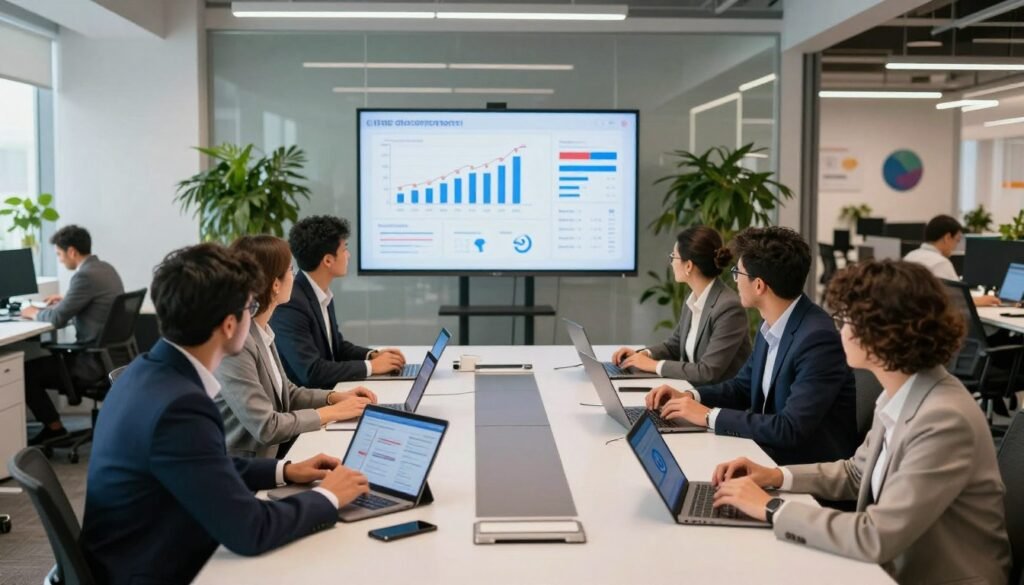 A vibrant, modern office scene that captures the essence of digitalization in small and medium enterprises (SMEs). In the foreground, a diverse group of professionals in business attire are engaged in a brainstorming session around a sleek conference table, with digital devices such as tablets and laptops in use. The middle ground features a large digital screen displaying graphs and analytics related to business transformation. The background showcases a bright, open office space filled with greenery and innovative tech elements, emphasizing a dynamic work environment. Soft, natural lighting creates an inviting atmosphere, while a wide-angle perspective adds depth to the composition. The mood is energetic and collaborative, symbolizing the technological advancement in Morocco's economic landscape. A vibrant, modern office scene that captures the essence of digitalization in small and medium enterprises (SMEs). In the foreground, a diverse group of professionals in business attire are engaged in a brainstorming session around a sleek conference table, with digital devices such as tablets and laptops in use. The middle ground features a large digital screen displaying graphs and analytics related to business transformation. The background showcases a bright, open office space filled with greenery and innovative tech elements, emphasizing a dynamic work environment. Soft, natural lighting creates an inviting atmosphere, while a wide-angle perspective adds depth to the composition. The mood is energetic and collaborative, symbolizing the technological advancement in Morocco's economic landscape.