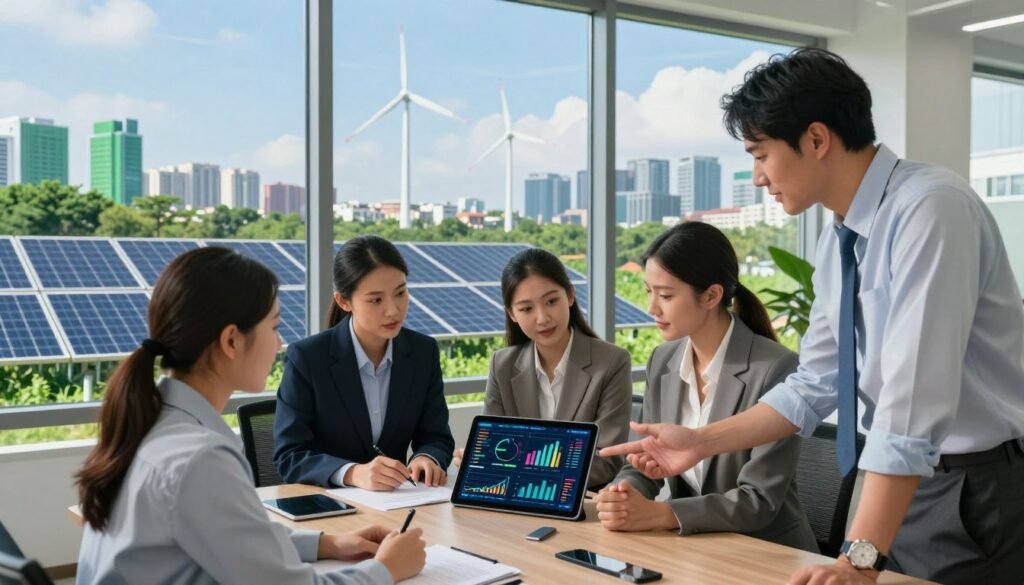 A vibrant, modern office setting focused on renewable energy investment. In the foreground, a diverse group of professionals in business attire collaborates over a digital tablet displaying energy graphs and financial data, symbolizing investments in clean energy technologies. In the middle ground, large windows reveal a solar panel array and wind turbines in a lush green landscape, indicating a successful transition to sustainable energy. The background features a city skyline with green architecture, accentuating innovation and eco-friendliness. The lighting is bright and natural, illuminating the scene with a hopeful, optimistic atmosphere, conveying urgency and commitment to energy transition. The perspective is slightly elevated, offering a comprehensive view of the dynamic interplay between investment and sustainable practices. A vibrant, modern office setting focused on renewable energy investment. In the foreground, a diverse group of professionals in business attire collaborates over a digital tablet displaying energy graphs and financial data, symbolizing investments in clean energy technologies. In the middle ground, large windows reveal a solar panel array and wind turbines in a lush green landscape, indicating a successful transition to sustainable energy. The background features a city skyline with green architecture, accentuating innovation and eco-friendliness. The lighting is bright and natural, illuminating the scene with a hopeful, optimistic atmosphere, conveying urgency and commitment to energy transition. The perspective is slightly elevated, offering a comprehensive view of the dynamic interplay between investment and sustainable practices.