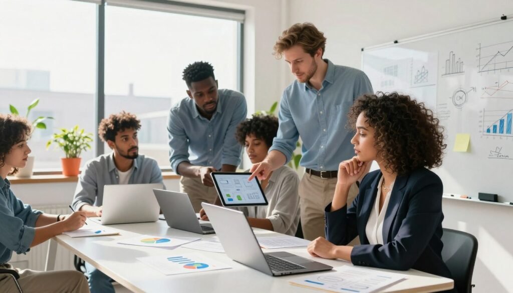 A vibrant, modern workspace depicting a diverse group of people brainstorming around a sleek table filled with charts, laptops, and business plans. In the foreground, a thoughtful woman of North African descent in professional attire sketches ideas on a whiteboard. The middle ground features two men collaborating, one of African descent and another of European descent, pointing at a digital tablet displaying a mini project plan. The background shows large windows with sunlight streaming in, creating a bright and inspiring atmosphere. Soft shadows add depth, and plants in colorful pots contribute to a fresh ambiance. The overall mood is energetic and motivating, highlighting teamwork and innovation for launching profitable mini projects in Morocco. A vibrant, modern workspace depicting a diverse group of people brainstorming around a sleek table filled with charts, laptops, and business plans. In the foreground, a thoughtful woman of North African descent in professional attire sketches ideas on a whiteboard. The middle ground features two men collaborating, one of African descent and another of European descent, pointing at a digital tablet displaying a mini project plan. The background shows large windows with sunlight streaming in, creating a bright and inspiring atmosphere. Soft shadows add depth, and plants in colorful pots contribute to a fresh ambiance. The overall mood is energetic and motivating, highlighting teamwork and innovation for launching profitable mini projects in Morocco.