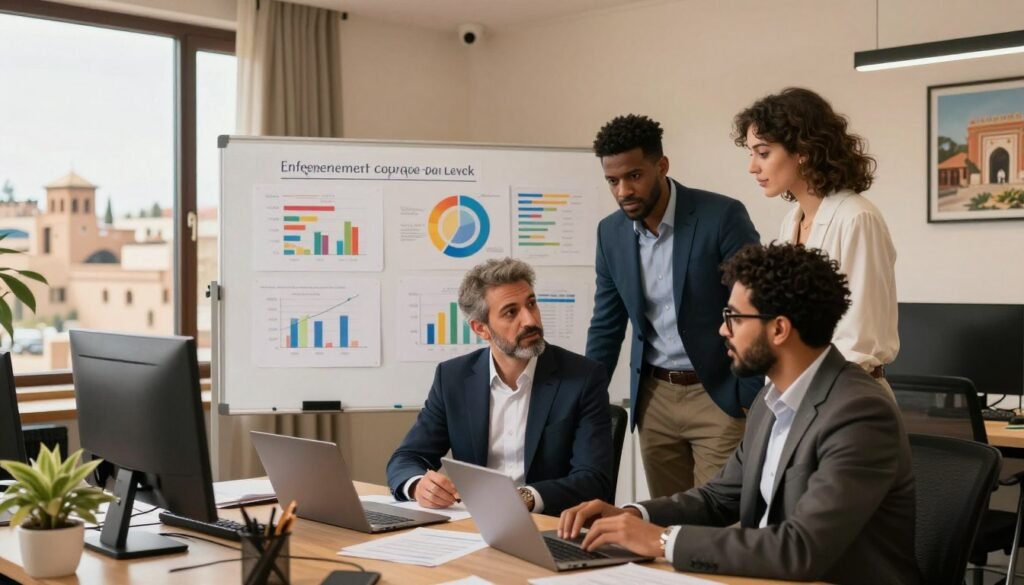 A vibrant office setting in Morocco, showcasing a modern yet traditional workspace. In the foreground, a diverse group of three professionals, dressed in smart business attire, collaboratively discussing a project. The middle ground features a large whiteboard filled with colorful charts and graphs, symbolizing government support and entrepreneurship initiatives. In the background, a window reveals a view of a bustling Moroccan city, with traditional architecture. Soft, warm lighting illuminates the scene, giving it a welcoming atmosphere. The camera angle is slightly elevated, capturing the energy of the collaboration, emphasizing community and support in entrepreneurship. The overall mood conveys optimism, encouragement, and the spirit of innovation in the Moroccan entrepreneurial landscape. A vibrant office setting in Morocco, showcasing a modern yet traditional workspace. In the foreground, a diverse group of three professionals, dressed in smart business attire, collaboratively discussing a project. The middle ground features a large whiteboard filled with colorful charts and graphs, symbolizing government support and entrepreneurship initiatives. In the background, a window reveals a view of a bustling Moroccan city, with traditional architecture. Soft, warm lighting illuminates the scene, giving it a welcoming atmosphere. The camera angle is slightly elevated, capturing the energy of the collaboration, emphasizing community and support in entrepreneurship. The overall mood conveys optimism, encouragement, and the spirit of innovation in the Moroccan entrepreneurial landscape.