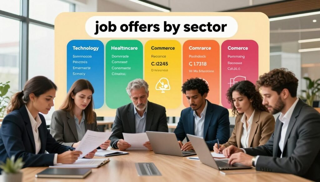 A vibrant, professional scene depicting “job offers by sector” in Morocco. In the foreground, diverse professionals in smart business attire are engaged in discussions, reviewing documents, and using digital devices. In the middle ground, a large, colorful infographic showcases various sectors such as technology, healthcare, and commerce, highlighting job statistics and icons. The background features a modern office environment with large windows allowing natural light to stream in, creating an inviting atmosphere. The image captures a sense of opportunity and collaboration, with a warm color palette to evoke a positive mood. The composition should be dynamic, with a depth that draws viewers into the scene, showcasing a thriving job market in Morocco. A vibrant, professional scene depicting “job offers by sector” in Morocco. In the foreground, diverse professionals in smart business attire are engaged in discussions, reviewing documents, and using digital devices. In the middle ground, a large, colorful infographic showcases various sectors such as technology, healthcare, and commerce, highlighting job statistics and icons. The background features a modern office environment with large windows allowing natural light to stream in, creating an inviting atmosphere. The image captures a sense of opportunity and collaboration, with a warm color palette to evoke a positive mood. The composition should be dynamic, with a depth that draws viewers into the scene, showcasing a thriving job market in Morocco.