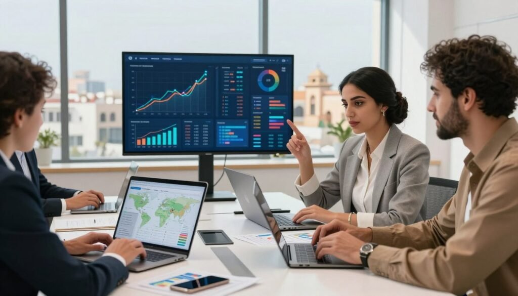 A vibrant, professional workspace scene centered around data analysis related to Morocco. In the foreground, a diverse group of two business professionals, a Moroccan woman in business attire and a man wearing smart casual clothing, are engaged in analyzing data on digital devices with graphs and maps displayed. The middle ground features a modern conference table equipped with laptops, charts, and visual data presentations showcasing Moroccan economic trends. In the softly lit background, a large window lets in natural light, revealing a cityscape with Moroccan architectural elements, symbolizing growth and opportunity. The mood is focused and innovative, capturing the essence of new data-driven careers in the digital sector. A vibrant, professional workspace scene centered around data analysis related to Morocco. In the foreground, a diverse group of two business professionals, a Moroccan woman in business attire and a man wearing smart casual clothing, are engaged in analyzing data on digital devices with graphs and maps displayed. The middle ground features a modern conference table equipped with laptops, charts, and visual data presentations showcasing Moroccan economic trends. In the softly lit background, a large window lets in natural light, revealing a cityscape with Moroccan architectural elements, symbolizing growth and opportunity. The mood is focused and innovative, capturing the essence of new data-driven careers in the digital sector.