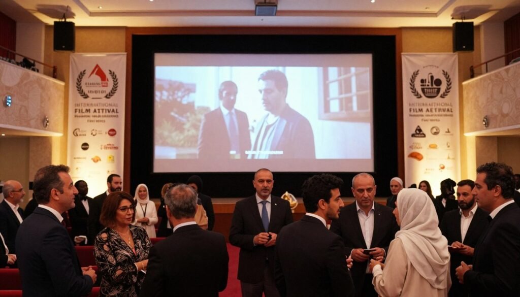 A vibrant scene capturing an international film festival setting dedicated to the acclaimed Moroccan filmmaker Nabil Ayouch. In the foreground, elegantly dressed festival attendees, both men and women in professional attire, engage in animated conversation, showcasing diverse cultural backgrounds. In the middle, a large screen displays a captivating film scene, casting a soft glow across the audience. The background features a beautifully decorated venue with banners representing various film awards and a subtle artistic flair. Warm ambient lighting fills the scene, creating a celebratory atmosphere. The composition should be taken from a slightly elevated angle, giving depth to the gathering, while capturing the essence of cinematic achievement and cultural impact. A vibrant scene capturing an international film festival setting dedicated to the acclaimed Moroccan filmmaker Nabil Ayouch. In the foreground, elegantly dressed festival attendees, both men and women in professional attire, engage in animated conversation, showcasing diverse cultural backgrounds. In the middle, a large screen displays a captivating film scene, casting a soft glow across the audience. The background features a beautifully decorated venue with banners representing various film awards and a subtle artistic flair. Warm ambient lighting fills the scene, creating a celebratory atmosphere. The composition should be taken from a slightly elevated angle, giving depth to the gathering, while capturing the essence of cinematic achievement and cultural impact.