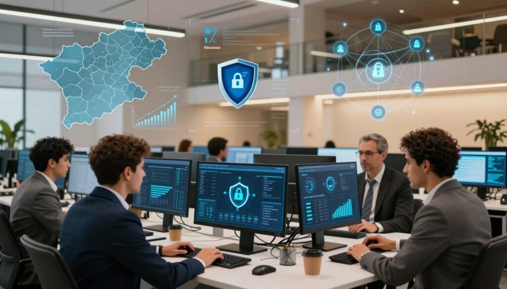 A vibrant scene depicting cybersecurity solutions focused on Morocco, showcasing a professional workspace. In the foreground, a diverse group of three individuals in business attire collaborates around a high-tech computer, displaying cybersecurity dashboards and data analytics on screens. In the middle ground, various elements symbolize local initiatives, such as a map of Morocco with digital shields, charts showing growth in cybersecurity literacy, and connected devices illustrating a secure network. The background features contemporary office architecture with warm lighting, creating an inspiring and innovative atmosphere. The composition should have a wide-angle view to capture both the teamwork and the technological elements, emphasizing a proactive approach to online data protection initiatives in Morocco. A vibrant scene depicting cybersecurity solutions focused on Morocco, showcasing a professional workspace. In the foreground, a diverse group of three individuals in business attire collaborates around a high-tech computer, displaying cybersecurity dashboards and data analytics on screens. In the middle ground, various elements symbolize local initiatives, such as a map of Morocco with digital shields, charts showing growth in cybersecurity literacy, and connected devices illustrating a secure network. The background features contemporary office architecture with warm lighting, creating an inspiring and innovative atmosphere. The composition should have a wide-angle view to capture both the teamwork and the technological elements, emphasizing a proactive approach to online data protection initiatives in Morocco.