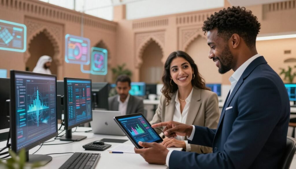 A vibrant scene depicting digital transformation in Morocco, featuring a diverse group of three professionals engaged in a discussion. In the foreground, a dark-skinned man in a tailored suit shows a tablet displaying digital graphs, with a cheerful Moroccan woman in elegant business attire beside him, pointing at the screen. In the middle ground, a modern office space filled with tech gadgets and digital displays reflecting innovation. The background showcases traditional Moroccan architecture blended with futuristic elements, like LED screens and holograms, under soft, warm lighting that creates an inviting atmosphere. Capture the essence of collaboration and inspiration, highlighting the fusion of culture and technology. Use a wide-angle lens to emphasize the dynamic interaction among the subjects. A vibrant scene depicting digital transformation in Morocco, featuring a diverse group of three professionals engaged in a discussion. In the foreground, a dark-skinned man in a tailored suit shows a tablet displaying digital graphs, with a cheerful Moroccan woman in elegant business attire beside him, pointing at the screen. In the middle ground, a modern office space filled with tech gadgets and digital displays reflecting innovation. The background showcases traditional Moroccan architecture blended with futuristic elements, like LED screens and holograms, under soft, warm lighting that creates an inviting atmosphere. Capture the essence of collaboration and inspiration, highlighting the fusion of culture and technology. Use a wide-angle lens to emphasize the dynamic interaction among the subjects.
