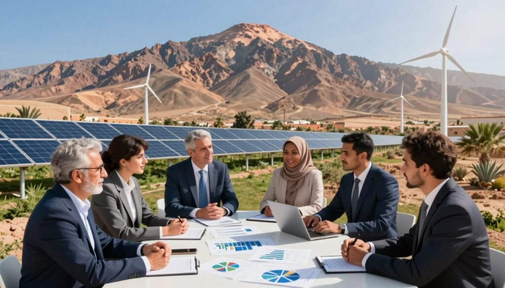 A vibrant scene depicting the concept of sustainable finance in Morocco, showcasing both challenges and opportunities. In the foreground, a diverse group of professionals in business attire engage in a discussion around a modern table, surrounded by charts and graphs illustrating renewable energy investments. The middle ground features a lush Moroccan landscape with solar panels and wind turbines, symbolizing green energy initiatives. In the background, the iconic Atlas Mountains rise majestically under a clear blue sky, casting a hopeful atmosphere. Natural sunlight bathes the scene, creating a warm and optimistic mood. The composition captures the essence of a dynamic and forward-thinking financial environment, highlighting Morocco's potential in sustainable finance without any text or watermarks. A vibrant scene depicting the concept of sustainable finance in Morocco, showcasing both challenges and opportunities. In the foreground, a diverse group of professionals in business attire engage in a discussion around a modern table, surrounded by charts and graphs illustrating renewable energy investments. The middle ground features a lush Moroccan landscape with solar panels and wind turbines, symbolizing green energy initiatives. In the background, the iconic Atlas Mountains rise majestically under a clear blue sky, casting a hopeful atmosphere. Natural sunlight bathes the scene, creating a warm and optimistic mood. The composition captures the essence of a dynamic and forward-thinking financial environment, highlighting Morocco's potential in sustainable finance without any text or watermarks.