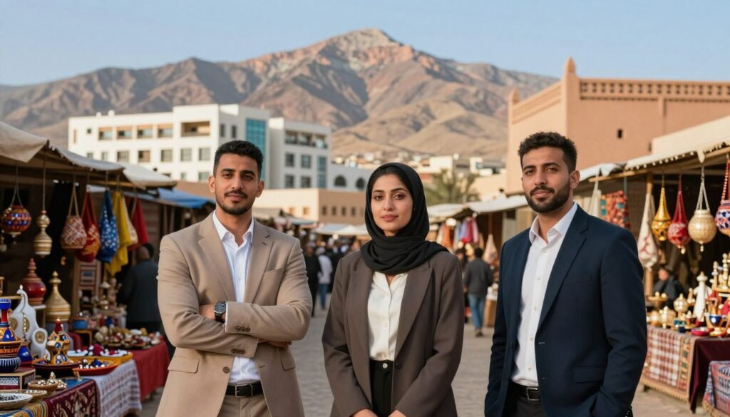 A vibrant scene depicting the opportunities and challenges of entrepreneurship in Morocco. In the foreground, a diverse group of three individuals, a Moroccan man and woman in smart business attire and an expatriate woman in modest casual wear, stand confidently amidst a bustling marketplace with colorful stalls displaying traditional handicrafts. In the middle ground, a dynamic blend of modern architecture punctuates the landscape, symbolizing innovation, while traditional Moroccan structures hint at rich cultural heritage. In the background, the Atlas Mountains rise majestically under a clear blue sky, conveying hope and resilience. Soft, warm lighting enhances the atmosphere, while a slight breeze adds a sense of movement, highlighting a harmonious blend of tradition and modernity. A vibrant scene depicting the opportunities and challenges of entrepreneurship in Morocco. In the foreground, a diverse group of three individuals, a Moroccan man and woman in smart business attire and an expatriate woman in modest casual wear, stand confidently amidst a bustling marketplace with colorful stalls displaying traditional handicrafts. In the middle ground, a dynamic blend of modern architecture punctuates the landscape, symbolizing innovation, while traditional Moroccan structures hint at rich cultural heritage. In the background, the Atlas Mountains rise majestically under a clear blue sky, conveying hope and resilience. Soft, warm lighting enhances the atmosphere, while a slight breeze adds a sense of movement, highlighting a harmonious blend of tradition and modernity.