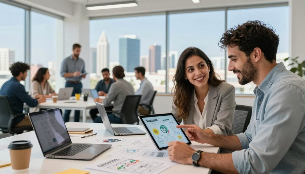 A vibrant scene illustrating the impact of startups in Morocco, featuring a diverse group of entrepreneurs in a bright, modern office space. In the foreground, focus on two professionals, one male and one female, engaged in a lively discussion while examining a digital tablet showcasing innovative ideas. The middle ground showcases a collaborative workspace with people brainstorming around a large table covered in laptops, sketches, and coffee cups. The background reveals a large window with a view of the Casablanca skyline under clear blue skies, emphasizing growth and ambition. Soft, natural lighting floods the room, creating an inspiring atmosphere. The overall mood is dynamic and hopeful, reflecting the essence of entrepreneurship and development in the startup ecosystem. A vibrant scene illustrating the impact of startups in Morocco, featuring a diverse group of entrepreneurs in a bright, modern office space. In the foreground, focus on two professionals, one male and one female, engaged in a lively discussion while examining a digital tablet showcasing innovative ideas. The middle ground showcases a collaborative workspace with people brainstorming around a large table covered in laptops, sketches, and coffee cups. The background reveals a large window with a view of the Casablanca skyline under clear blue skies, emphasizing growth and ambition. Soft, natural lighting floods the room, creating an inspiring atmosphere. The overall mood is dynamic and hopeful, reflecting the essence of entrepreneurship and development in the startup ecosystem.