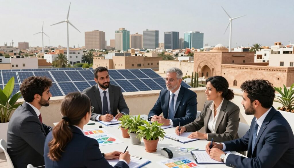 A vibrant scene illustrating the pursuit of Sustainable Development Goals (SDGs) in Morocco. In the foreground, a diverse group of professionals in business attire is engaged in a collaborative meeting around a table, featuring green plants and charts outlining the SDGs. The middle ground showcases an urban Moroccan setting with solar panels and wind turbines reflecting renewable energy initiatives. The background features the outline of traditional Moroccan architecture, blending modernity with heritage. Soft, natural lighting creates an optimistic and hopeful atmosphere, emphasizing sustainability and social impact. Capture the scene from a slightly elevated angle, to include both the engaged professionals and the progressive cityscape, evoking a sense of collaboration and forward-thinking. A vibrant scene illustrating the pursuit of Sustainable Development Goals (SDGs) in Morocco. In the foreground, a diverse group of professionals in business attire is engaged in a collaborative meeting around a table, featuring green plants and charts outlining the SDGs. The middle ground showcases an urban Moroccan setting with solar panels and wind turbines reflecting renewable energy initiatives. The background features the outline of traditional Moroccan architecture, blending modernity with heritage. Soft, natural lighting creates an optimistic and hopeful atmosphere, emphasizing sustainability and social impact. Capture the scene from a slightly elevated angle, to include both the engaged professionals and the progressive cityscape, evoking a sense of collaboration and forward-thinking.