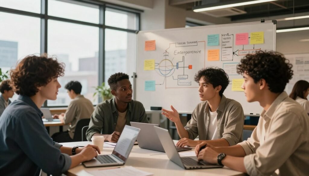A vibrant scene of a diverse group of young entrepreneurs engaged in a brainstorming session in a modern co-working space. In the foreground, a multi-ethnic group of three individuals, two men and one woman, are seated around a table, animatedly discussing ideas with notebooks and laptops open. The middle ground features a large whiteboard filled with colorful diagrams and notes about social entrepreneurship concepts. In the background, large windows let in natural light, revealing a cityscape that suggests a dynamic urban environment. The atmosphere is collaborative and inspiring, reflecting innovation and purpose. The lighting is warm and inviting, casting soft shadows. The participants are dressed in smart casual and professional attire, emphasizing a serious yet approachable atmosphere. A vibrant scene of a diverse group of young entrepreneurs engaged in a brainstorming session in a modern co-working space. In the foreground, a multi-ethnic group of three individuals, two men and one woman, are seated around a table, animatedly discussing ideas with notebooks and laptops open. The middle ground features a large whiteboard filled with colorful diagrams and notes about social entrepreneurship concepts. In the background, large windows let in natural light, revealing a cityscape that suggests a dynamic urban environment. The atmosphere is collaborative and inspiring, reflecting innovation and purpose. The lighting is warm and inviting, casting soft shadows. The participants are dressed in smart casual and professional attire, emphasizing a serious yet approachable atmosphere.