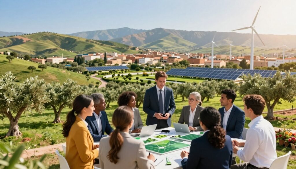A vibrant scene representing Morocco's green growth model, featuring a lush, sunlit landscape with rolling hills and scattered olive trees. In the foreground, a diverse group of professionals in smart business attire, including men and women of various ethnic backgrounds, engage in discussions around a table filled with green technology concepts like solar panels and wind turbines. The middle ground showcases a sustainable city with solar roofs and green parks, while the background reveals distant mountains against a clear blue sky. The lighting is warm and inviting, suggesting a hopeful atmosphere, with a soft focus on the professionals to emphasize collaboration and innovation in sustainable development. A vibrant scene representing Morocco's green growth model, featuring a lush, sunlit landscape with rolling hills and scattered olive trees. In the foreground, a diverse group of professionals in smart business attire, including men and women of various ethnic backgrounds, engage in discussions around a table filled with green technology concepts like solar panels and wind turbines. The middle ground showcases a sustainable city with solar roofs and green parks, while the background reveals distant mountains against a clear blue sky. The lighting is warm and inviting, suggesting a hopeful atmosphere, with a soft focus on the professionals to emphasize collaboration and innovation in sustainable development.