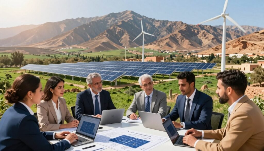 A vibrant scene representing energy, industry, and innovation in Morocco. In the foreground, a diverse group of professionals in smart business attire engaged in a discussion around a table, with high-tech devices and blueprints showcasing renewable energy solutions. In the middle ground, a modern solar power plant and wind turbines illustrate Morocco’s advancements in sustainable energy, surrounded by lush green landscapes. The background features the majestic Atlas Mountains, symbolizing the natural beauty of Morocco. The atmosphere is optimistic and forward-looking, bathed in warm sunlight that creates a hopeful mood. Capture this dynamic composition with a wide-angle lens, highlighting the connection between technology and nature. A vibrant scene representing energy, industry, and innovation in Morocco. In the foreground, a diverse group of professionals in smart business attire engaged in a discussion around a table, with high-tech devices and blueprints showcasing renewable energy solutions. In the middle ground, a modern solar power plant and wind turbines illustrate Morocco’s advancements in sustainable energy, surrounded by lush green landscapes. The background features the majestic Atlas Mountains, symbolizing the natural beauty of Morocco. The atmosphere is optimistic and forward-looking, bathed in warm sunlight that creates a hopeful mood. Capture this dynamic composition with a wide-angle lens, highlighting the connection between technology and nature.