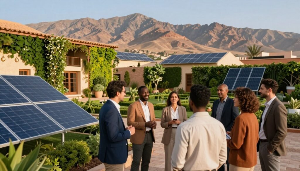 A vibrant scene showcasing green business practices in Morocco. In the foreground, a diverse group of professionals in smart casual and business attire are engaged in a lively conversation near a solar panel installation. The middle ground features lush greenery with vertical gardens and eco-friendly buildings adorned with solar panels, symbolizing sustainability. The background reveals the stunning Atlas Mountains under clear blue skies, highlighting Morocco's natural beauty. Soft, warm lighting bathes the scene, creating an inviting and inspiring atmosphere. The angle captures the essence of teamwork and innovation, emphasizing the commitment to sustainable practices. The overall mood is optimistic and forward-looking, reflecting the potential of green enterprises in Morocco. A vibrant scene showcasing green business practices in Morocco. In the foreground, a diverse group of professionals in smart casual and business attire are engaged in a lively conversation near a solar panel installation. The middle ground features lush greenery with vertical gardens and eco-friendly buildings adorned with solar panels, symbolizing sustainability. The background reveals the stunning Atlas Mountains under clear blue skies, highlighting Morocco's natural beauty. Soft, warm lighting bathes the scene, creating an inviting and inspiring atmosphere. The angle captures the essence of teamwork and innovation, emphasizing the commitment to sustainable practices. The overall mood is optimistic and forward-looking, reflecting the potential of green enterprises in Morocco.