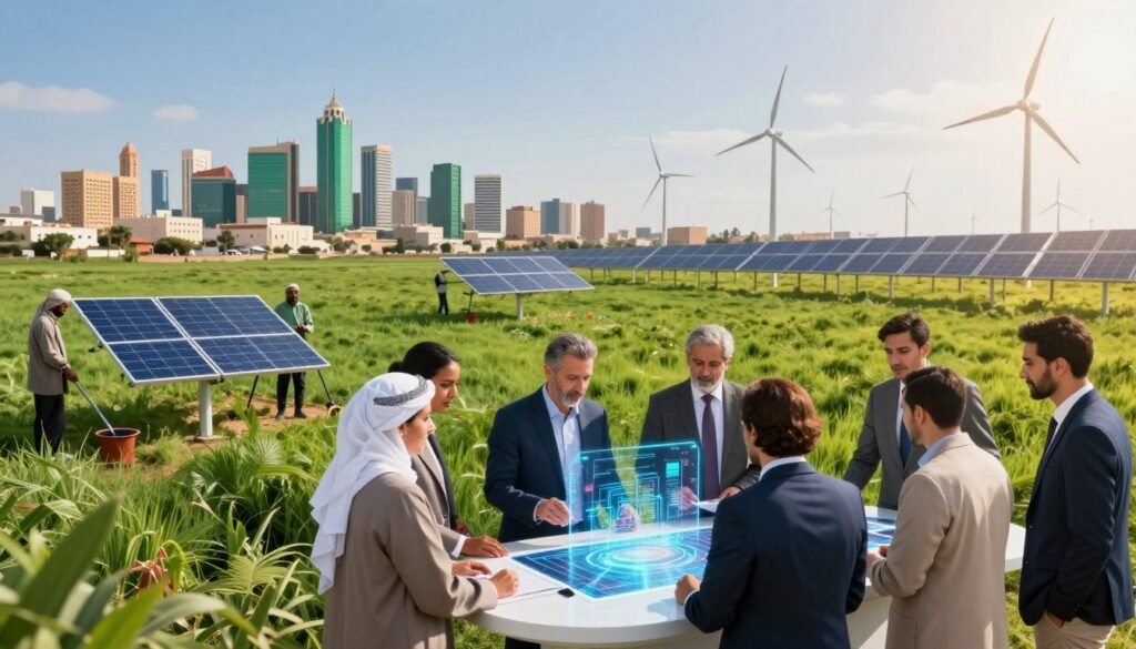 A vibrant scene showcasing the applications of sustainable innovation in Morocco, featuring diverse sectors such as agriculture, renewable energy, and technology. In the foreground, a group of professionals in business attire collaboratively discussing ideas around a futuristic table with holographic displays. In the middle, a lush green landscape with farmers using solar-powered tools, and wind turbines turning in the background, symbolizing energy sustainability. The background highlights a modern Moroccan city skyline with green architecture and solar panels on rooftops. The scene is illuminated by warm, natural sunlight, creating an optimistic and forward-thinking atmosphere, captured with a slight upward angle to emphasize innovation and growth. A vibrant scene showcasing the applications of sustainable innovation in Morocco, featuring diverse sectors such as agriculture, renewable energy, and technology. In the foreground, a group of professionals in business attire collaboratively discussing ideas around a futuristic table with holographic displays. In the middle, a lush green landscape with farmers using solar-powered tools, and wind turbines turning in the background, symbolizing energy sustainability. The background highlights a modern Moroccan city skyline with green architecture and solar panels on rooftops. The scene is illuminated by warm, natural sunlight, creating an optimistic and forward-thinking atmosphere, captured with a slight upward angle to emphasize innovation and growth.