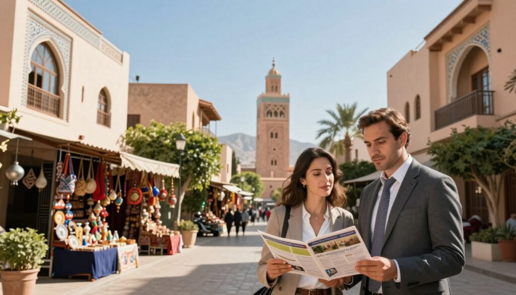 A vibrant street scene in Marrakech showcasing various types of real estate, including traditional riads with intricate mosaic designs and large arched windows, modern apartments with sleek lines, and luxurious villas surrounded by lush gardens. In the foreground, a professional couple in smart business attire examines property brochures, their expressions filled with hope and determination. In the middle ground, colorful market stalls display local crafts, adding life and culture to the scene. The background features the iconic Koutoubia Mosque and distant mountains under a clear blue sky, bathed in warm, golden sunlight, conveying a welcoming and prosperous atmosphere. The composition should have a slight tilt upwards to emphasize the architecture and a soft focus to create an inviting mood. A vibrant street scene in Marrakech showcasing various types of real estate, including traditional riads with intricate mosaic designs and large arched windows, modern apartments with sleek lines, and luxurious villas surrounded by lush gardens. In the foreground, a professional couple in smart business attire examines property brochures, their expressions filled with hope and determination. In the middle ground, colorful market stalls display local crafts, adding life and culture to the scene. The background features the iconic Koutoubia Mosque and distant mountains under a clear blue sky, bathed in warm, golden sunlight, conveying a welcoming and prosperous atmosphere. The composition should have a slight tilt upwards to emphasize the architecture and a soft focus to create an inviting mood.