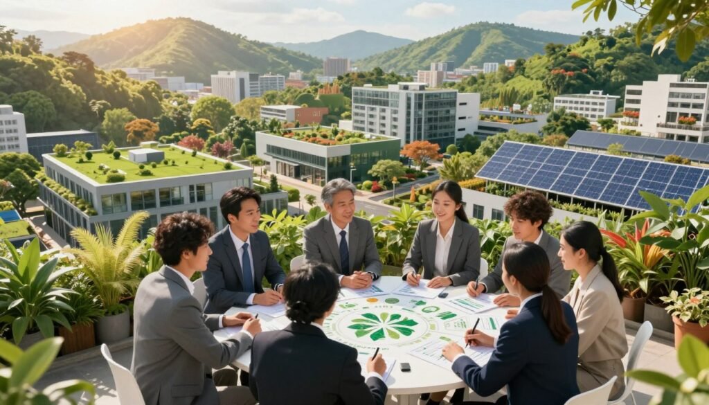 A vibrant, visually engaging representation of sustainable development intertwining economy and society. In the foreground, a diverse group of professionals in business attire are collaborating at a circular table, discussing charts and eco-friendly designs amidst greenery. The middle ground features a thriving urban landscape, showcasing modern buildings with green roofs, solar panels, and community gardens. In the background, gentle hills composed of lush flora symbolize harmony between nature and human progress. Natural sunlight bathes the scene in a warm, inviting glow, enhancing the atmosphere of optimism and collaboration. The image should convey a sense of unity, innovation, and hope for a sustainable future without any text or distracting elements. A vibrant, visually engaging representation of sustainable development intertwining economy and society. In the foreground, a diverse group of professionals in business attire are collaborating at a circular table, discussing charts and eco-friendly designs amidst greenery. The middle ground features a thriving urban landscape, showcasing modern buildings with green roofs, solar panels, and community gardens. In the background, gentle hills composed of lush flora symbolize harmony between nature and human progress. Natural sunlight bathes the scene in a warm, inviting glow, enhancing the atmosphere of optimism and collaboration. The image should convey a sense of unity, innovation, and hope for a sustainable future without any text or distracting elements.