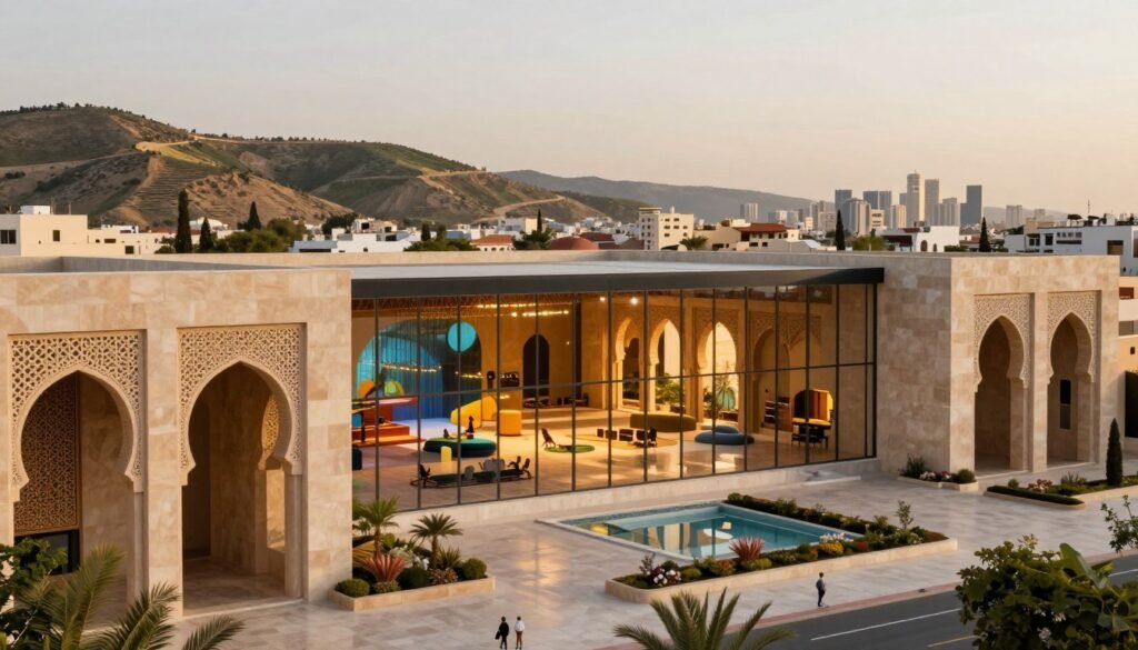 A visionary architectural design showcasing a modern cultural center inspired by Moroccan aesthetics. In the foreground, elegant arches and intricate geometric patterns are highlighted, blending traditional craftsmanship with contemporary materials. The middle ground features glass walls reflecting the surrounding environment, inviting natural light that illuminates the vibrant interior spaces. In the background, rolling hills and the skyline of a bustling city provide context, representing the harmony between nature and urban development. The scene is bathed in warm golden hour lighting, creating a welcoming and inspiring atmosphere. Capture this image with a wide-angle lens to emphasize scale and depth, aiming for a balanced composition that evokes a sense of innovation and cultural significance. A visionary architectural design showcasing a modern cultural center inspired by Moroccan aesthetics. In the foreground, elegant arches and intricate geometric patterns are highlighted, blending traditional craftsmanship with contemporary materials. The middle ground features glass walls reflecting the surrounding environment, inviting natural light that illuminates the vibrant interior spaces. In the background, rolling hills and the skyline of a bustling city provide context, representing the harmony between nature and urban development. The scene is bathed in warm golden hour lighting, creating a welcoming and inspiring atmosphere. Capture this image with a wide-angle lens to emphasize scale and depth, aiming for a balanced composition that evokes a sense of innovation and cultural significance.