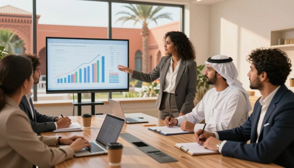 A visionary scene depicting a modern business meeting in Morocco, featuring a diverse group of professionals brainstorming strategies for enterprise development. In the foreground, a South Asian woman in a tailored suit gestures towards a digital presentation showcasing growth charts and market opportunities, while a Middle-Eastern man in smart casual attire takes notes. The middle ground reveals a large conference table with papers, laptops, and coffee cups, enhancing the collaborative atmosphere. The background features large windows with a view of vibrant Moroccan architecture and palm trees, illuminated by warm, natural light. The mood is focused and optimistic, conveying a sense of innovation and opportunity in the Moroccan business landscape. A visionary scene depicting a modern business meeting in Morocco, featuring a diverse group of professionals brainstorming strategies for enterprise development. In the foreground, a South Asian woman in a tailored suit gestures towards a digital presentation showcasing growth charts and market opportunities, while a Middle-Eastern man in smart casual attire takes notes. The middle ground reveals a large conference table with papers, laptops, and coffee cups, enhancing the collaborative atmosphere. The background features large windows with a view of vibrant Moroccan architecture and palm trees, illuminated by warm, natural light. The mood is focused and optimistic, conveying a sense of innovation and opportunity in the Moroccan business landscape.