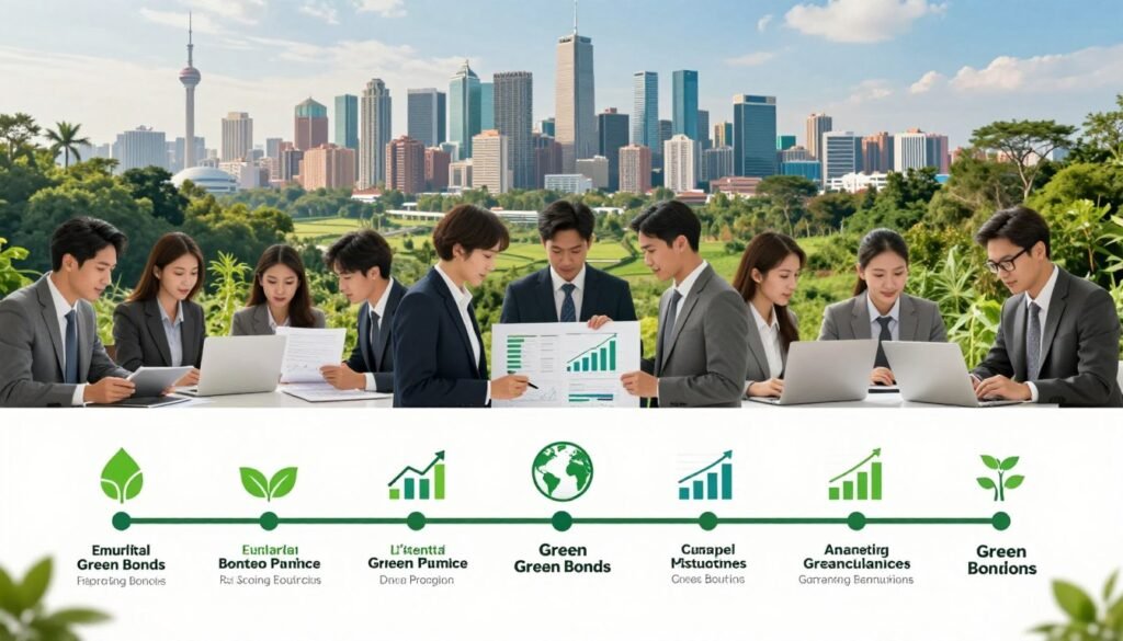A visually captivating and informative collage illustrating the historical evolution of green bonds. The foreground features a timeline with significant milestones marked by elegant icons representing sustainable finance, such as a green leaf for environmental projects and a globe for global cooperation. In the middle layer, depict diverse business professionals in business attire, collaborating over graphs and charts showcasing growth and investment in green projects. The background should include a vibrant city skyline transitioning into lush green landscapes, symbolizing the balance between urban development and nature. Soft, natural lighting enhances the atmosphere, conveying hope and progress in sustainable finance. Use a wide-angle lens effect to create depth and invite viewers into the scene. A visually captivating and informative collage illustrating the historical evolution of green bonds. The foreground features a timeline with significant milestones marked by elegant icons representing sustainable finance, such as a green leaf for environmental projects and a globe for global cooperation. In the middle layer, depict diverse business professionals in business attire, collaborating over graphs and charts showcasing growth and investment in green projects. The background should include a vibrant city skyline transitioning into lush green landscapes, symbolizing the balance between urban development and nature. Soft, natural lighting enhances the atmosphere, conveying hope and progress in sustainable finance. Use a wide-angle lens effect to create depth and invite viewers into the scene.