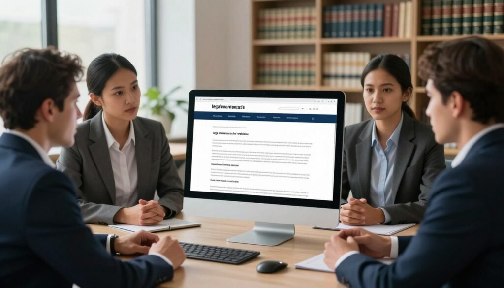 A visually compelling image capturing the essence of "legal mentions for websites" in the context of GDPR compliance. In the foreground, a diverse group of professionals in business attire are engaged in a discussion around a large digital tablet displaying a web page layout filled with legal jargon. In the middle, a sleek modern office environment with large windows allowing natural light to pour in, illuminating the space and creating a warm, professional atmosphere. On the background wall, a blurred view of a legal bookshelf filled with law books, symbolizing knowledge and authority. The mood is serious yet engaging, reflecting the importance of understanding legal rights and responsibilities online. The composition is well-balanced, with a focus on the collaboration and diligence required in handling web legalities. A visually compelling image capturing the essence of "legal mentions for websites" in the context of GDPR compliance. In the foreground, a diverse group of professionals in business attire are engaged in a discussion around a large digital tablet displaying a web page layout filled with legal jargon. In the middle, a sleek modern office environment with large windows allowing natural light to pour in, illuminating the space and creating a warm, professional atmosphere. On the background wall, a blurred view of a legal bookshelf filled with law books, symbolizing knowledge and authority. The mood is serious yet engaging, reflecting the importance of understanding legal rights and responsibilities online. The composition is well-balanced, with a focus on the collaboration and diligence required in handling web legalities.