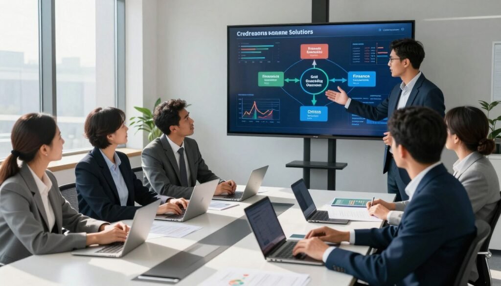 A visually engaging representation of credit guarantee mechanisms, featuring a diverse team of professionals in business attire, discussing over a large digital screen displaying financial charts and graphs. In the foreground, a confident professional gestures toward a flowchart illustrating various financing and guarantee options. In the middle, colleagues collaborate with laptops and documents spread across a sleek conference table, highlighting teamwork and innovation. The background shows a modern office space with large windows, sunlight streaming in, creating a bright and optimistic atmosphere. The overall mood conveys professionalism and dynamism, emphasizing a focus on company financing solutions in Morocco. The scene is captured from a slightly elevated angle to provide a comprehensive view of the collaborative environment. A visually engaging representation of credit guarantee mechanisms, featuring a diverse team of professionals in business attire, discussing over a large digital screen displaying financial charts and graphs. In the foreground, a confident professional gestures toward a flowchart illustrating various financing and guarantee options. In the middle, colleagues collaborate with laptops and documents spread across a sleek conference table, highlighting teamwork and innovation. The background shows a modern office space with large windows, sunlight streaming in, creating a bright and optimistic atmosphere. The overall mood conveys professionalism and dynamism, emphasizing a focus on company financing solutions in Morocco. The scene is captured from a slightly elevated angle to provide a comprehensive view of the collaborative environment.