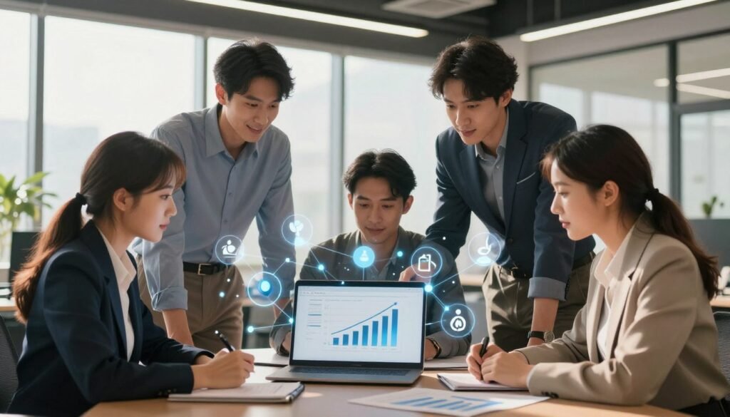 A visually engaging representation of marketing partnerships and affiliate marketing. In the foreground, a diverse group of professionals (two women and two men) in smart business attire collaborate over a laptop, analyzing graphs and charts that symbolize revenue growth. In the middle, digital symbols of networking—like interconnected nodes and arrows—illustrate the concept of partnerships. The background features a modern office environment with large windows letting in natural light, casting soft shadows. A sleek and professional atmosphere is enhanced by warm, inviting lighting. The overall mood is dynamic and optimistic, reflecting success and collaboration in achieving passive income through effective marketing strategies. A visually engaging representation of marketing partnerships and affiliate marketing. In the foreground, a diverse group of professionals (two women and two men) in smart business attire collaborate over a laptop, analyzing graphs and charts that symbolize revenue growth. In the middle, digital symbols of networking—like interconnected nodes and arrows—illustrate the concept of partnerships. The background features a modern office environment with large windows letting in natural light, casting soft shadows. A sleek and professional atmosphere is enhanced by warm, inviting lighting. The overall mood is dynamic and optimistic, reflecting success and collaboration in achieving passive income through effective marketing strategies.