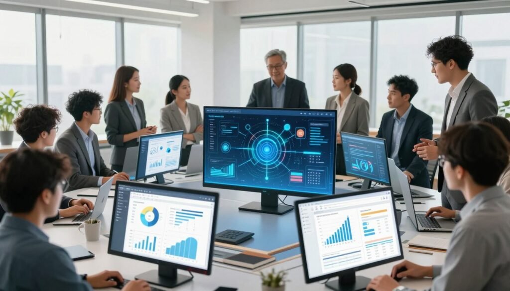 A visually engaging software integrations ecosystem, showcasing interconnected digital platforms and tools. In the foreground, sleek interfaces of various software applications display vibrant graphs and data analytics. The middle ground features a diverse group of professionals in business attire, collaborating around a large digital touchscreen that visualizes the integrations. They are discussing data flow with expressions of focus and enthusiasm. The background is a modern office environment, with large windows letting in soft natural light, creating a bright and inviting atmosphere. Use a wide-angle lens to capture the dynamic interactions from a slightly elevated perspective, emphasizing teamwork and connectivity in the digital age. The overall mood should be optimistic and innovative, illustrating the synergy of technology in nonprofit fundraising efforts. A visually engaging software integrations ecosystem, showcasing interconnected digital platforms and tools. In the foreground, sleek interfaces of various software applications display vibrant graphs and data analytics. The middle ground features a diverse group of professionals in business attire, collaborating around a large digital touchscreen that visualizes the integrations. They are discussing data flow with expressions of focus and enthusiasm. The background is a modern office environment, with large windows letting in soft natural light, creating a bright and inviting atmosphere. Use a wide-angle lens to capture the dynamic interactions from a slightly elevated perspective, emphasizing teamwork and connectivity in the digital age. The overall mood should be optimistic and innovative, illustrating the synergy of technology in nonprofit fundraising efforts.