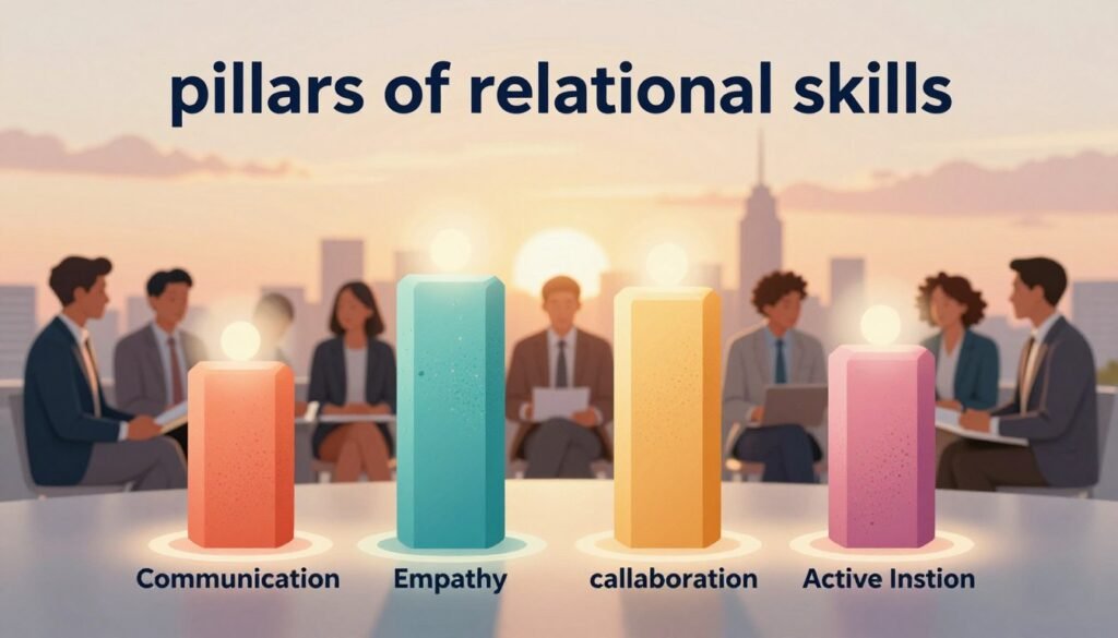A visually striking illustration focusing on the "pillars of relational skills." In the foreground, depict four distinct pillars labeled with key relational competencies: communication, empathy, collaboration, and active listening. Each pillar should be uniquely styled with colors and textures that represent its essence, surrounded by soft, glowing light to emphasize their importance. In the middle ground, include diverse professionals in business attire engaging in a collaborative discussion, showing expressions of understanding and teamwork. In the background, an abstract representation of a cityscape symbolizes a connected community, blending softly into a warm, inspiring sunset sky. The overall mood is positive and uplifting, evoking a sense of growth and connection in interpersonal relationships. A visually striking illustration focusing on the "pillars of relational skills." In the foreground, depict four distinct pillars labeled with key relational competencies: communication, empathy, collaboration, and active listening. Each pillar should be uniquely styled with colors and textures that represent its essence, surrounded by soft, glowing light to emphasize their importance. In the middle ground, include diverse professionals in business attire engaging in a collaborative discussion, showing expressions of understanding and teamwork. In the background, an abstract representation of a cityscape symbolizes a connected community, blending softly into a warm, inspiring sunset sky. The overall mood is positive and uplifting, evoking a sense of growth and connection in interpersonal relationships.