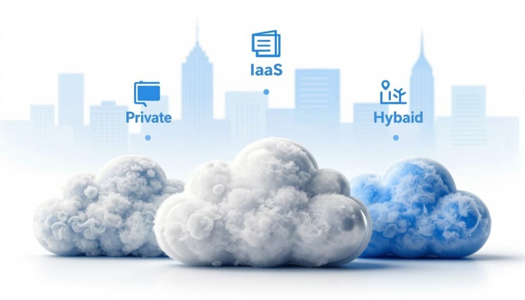 A visually striking illustration of cloud deployment types: foreground features three distinct cloud shapes representing public, private, and hybrid clouds, each with unique textures (fluffy and light for public, solid and metallic for private, and a blend for hybrid). In the middle ground, subtle diagrams or icons represent various services like IaaS, PaaS, and SaaS, gently outlined to avoid distraction. The background is a tech-inspired skyline with soft blue hues fading into white, evoking a modern and innovative atmosphere. Soft lighting highlights the clouds, casting subtle shadows to convey depth. The overall mood is professional and clean, designed to inform and engage without any text or clutter, suitable for an article on cloud computing. A visually striking illustration of cloud deployment types: foreground features three distinct cloud shapes representing public, private, and hybrid clouds, each with unique textures (fluffy and light for public, solid and metallic for private, and a blend for hybrid). In the middle ground, subtle diagrams or icons represent various services like IaaS, PaaS, and SaaS, gently outlined to avoid distraction. The background is a tech-inspired skyline with soft blue hues fading into white, evoking a modern and innovative atmosphere. Soft lighting highlights the clouds, casting subtle shadows to convey depth. The overall mood is professional and clean, designed to inform and engage without any text or clutter, suitable for an article on cloud computing.