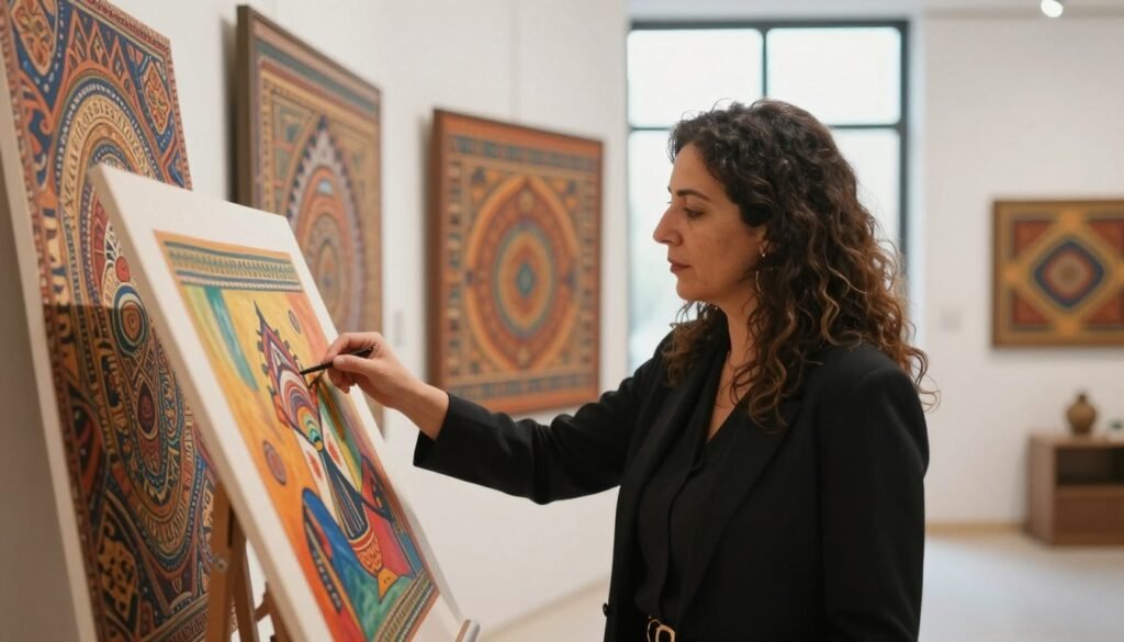 A visually striking image capturing Yto Barrada, a renowned Moroccan artist, engaged in her creative process. In the foreground, she is seen thoughtfully examining a vibrant artwork, dressed in professional but modest attire that reflects her artistic spirit. The middle ground features a diverse array of her artworks, showcasing intricate patterns and cultural themes, infused with warm earth tones and rich textures. In the background, a well-lit gallery setting with white walls and soft natural light streaming through large windows creates an inviting atmosphere. The use of a soft focus on the background emphasizes the artist and her work, while maintaining a serene and inspiring mood, highlighting her prominence in the contemporary art scene. A visually striking image capturing Yto Barrada, a renowned Moroccan artist, engaged in her creative process. In the foreground, she is seen thoughtfully examining a vibrant artwork, dressed in professional but modest attire that reflects her artistic spirit. The middle ground features a diverse array of her artworks, showcasing intricate patterns and cultural themes, infused with warm earth tones and rich textures. In the background, a well-lit gallery setting with white walls and soft natural light streaming through large windows creates an inviting atmosphere. The use of a soft focus on the background emphasizes the artist and her work, while maintaining a serene and inspiring mood, highlighting her prominence in the contemporary art scene.