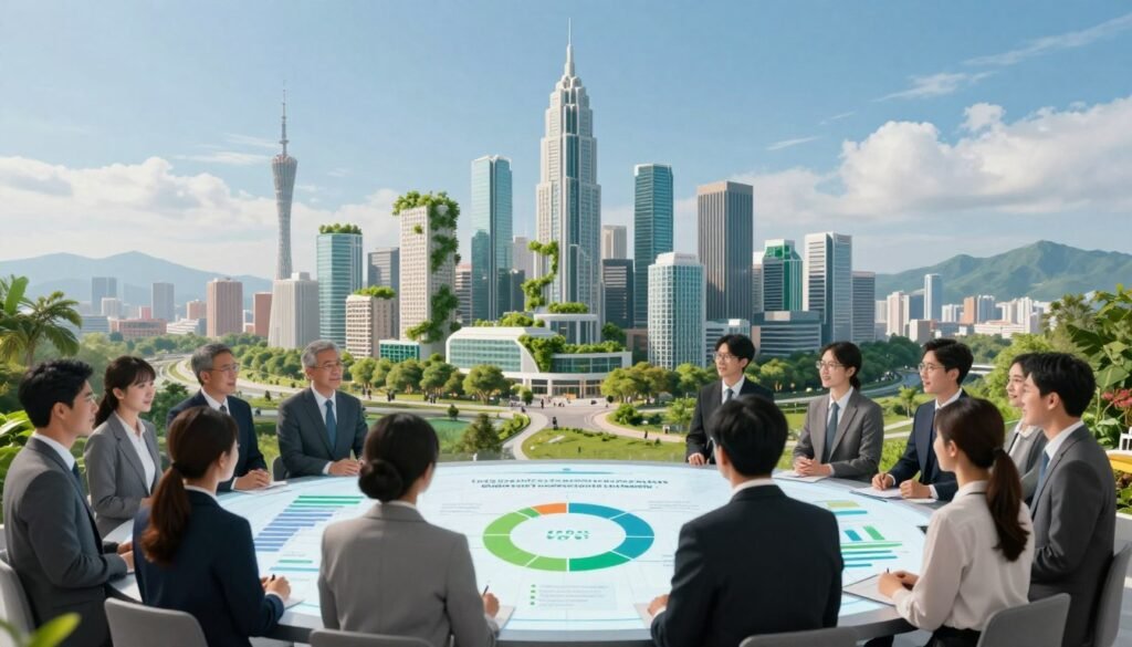 A visually striking infographic illustrating the concept of long-term vision indicators for a sustainable transition. In the foreground, a diverse group of professionals in business attire is engaged in a discussion around a large, interactive digital display showcasing graphs and charts representing circular economy metrics. In the middle, a futuristic cityscape symbolizes innovation and eco-friendliness, with greenery integrated into urban architecture. The background features a clear blue sky and distant mountains, indicating a harmonious relationship between nature and development. Soft, natural lighting enhances the optimistic atmosphere, while a slightly elevated perspective gives depth to the scene. The overall mood is collaborative, forward-thinking, and focused on sustainability. A visually striking infographic illustrating the concept of long-term vision indicators for a sustainable transition. In the foreground, a diverse group of professionals in business attire is engaged in a discussion around a large, interactive digital display showcasing graphs and charts representing circular economy metrics. In the middle, a futuristic cityscape symbolizes innovation and eco-friendliness, with greenery integrated into urban architecture. The background features a clear blue sky and distant mountains, indicating a harmonious relationship between nature and development. Soft, natural lighting enhances the optimistic atmosphere, while a slightly elevated perspective gives depth to the scene. The overall mood is collaborative, forward-thinking, and focused on sustainability.