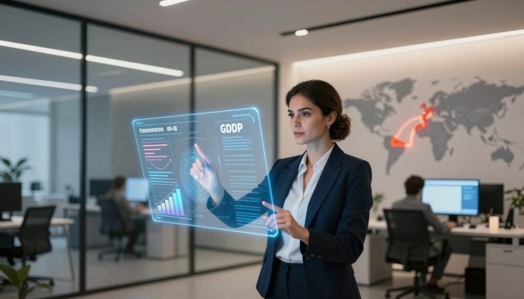 A visually striking representation of data protection regulations in a professional environment. In the foreground, a confident businesswoman in smart business attire interacts with a holographic interface displaying charts and data regarding GDPR and Morocco's Law 09-08. The middle ground features a sleek modern office with glass walls and digital screens showcasing compliance concepts. In the background, a world map highlights Morocco, subtly illuminated to suggest a global perspective on data security. Soft, warm lighting enhances the professional atmosphere while emphasizing the importance of data protection. The camera angle captures the scene from a slightly elevated perspective, creating depth and drawing attention to the central theme of data regulation compliance. A visually striking representation of data protection regulations in a professional environment. In the foreground, a confident businesswoman in smart business attire interacts with a holographic interface displaying charts and data regarding GDPR and Morocco's Law 09-08. The middle ground features a sleek modern office with glass walls and digital screens showcasing compliance concepts. In the background, a world map highlights Morocco, subtly illuminated to suggest a global perspective on data security. Soft, warm lighting enhances the professional atmosphere while emphasizing the importance of data protection. The camera angle captures the scene from a slightly elevated perspective, creating depth and drawing attention to the central theme of data regulation compliance.