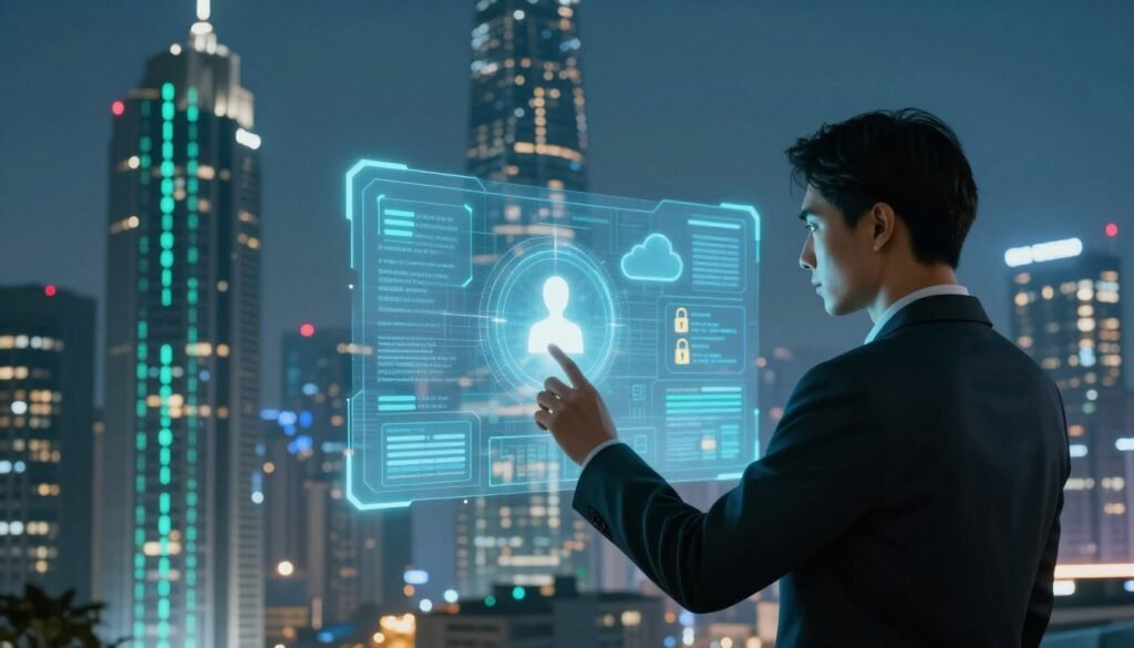 A visually striking representation of digital personal data, featuring a futuristic city skyline in the background with tall skyscrapers made of translucent screens displaying abstract data and binary code. In the foreground, a professional figure, dressed in business attire, interacts with a holographic interface depicting various personal data elements like profiles, security locks, and cloud icons. Soft blue and green lighting creates a tech-savvy atmosphere, emphasizing security and privacy. The angle captures the figure engaged in data management, showcasing determination and focus. The overall mood is one of empowerment and awareness, highlighting the importance of protecting personal information in the digital age. A visually striking representation of digital personal data, featuring a futuristic city skyline in the background with tall skyscrapers made of translucent screens displaying abstract data and binary code. In the foreground, a professional figure, dressed in business attire, interacts with a holographic interface depicting various personal data elements like profiles, security locks, and cloud icons. Soft blue and green lighting creates a tech-savvy atmosphere, emphasizing security and privacy. The angle captures the figure engaged in data management, showcasing determination and focus. The overall mood is one of empowerment and awareness, highlighting the importance of protecting personal information in the digital age.