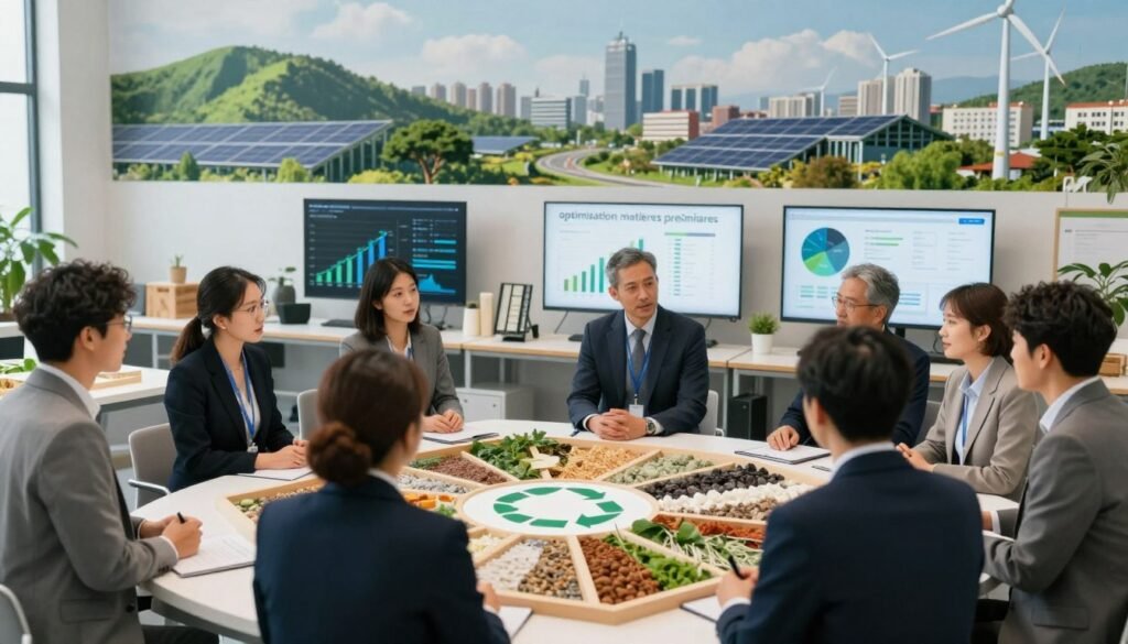 A visually striking representation of "optimisation matières premières" in the context of circular economy. In the foreground, a group of diverse professionals in business attire, engaged in a lively discussion around a large display model showcasing various raw materials in different stages of recycling. The middle ground features a well-organized workspace with eco-friendly materials, charts displaying resource management statistics, and digital screens showing data analytics. The background captures a sustainable cityscape with green roofs, solar panels, and wind turbines, symbolizing an integration of natural resources and technology. Soft, natural lighting enhances the optimistic and collaborative atmosphere, while a slight depth of field focuses on the professionals, inviting viewers to explore the innovative practices of resource management in a circular economy. A visually striking representation of "optimisation matières premières" in the context of circular economy. In the foreground, a group of diverse professionals in business attire, engaged in a lively discussion around a large display model showcasing various raw materials in different stages of recycling. The middle ground features a well-organized workspace with eco-friendly materials, charts displaying resource management statistics, and digital screens showing data analytics. The background captures a sustainable cityscape with green roofs, solar panels, and wind turbines, symbolizing an integration of natural resources and technology. Soft, natural lighting enhances the optimistic and collaborative atmosphere, while a slight depth of field focuses on the professionals, inviting viewers to explore the innovative practices of resource management in a circular economy.
