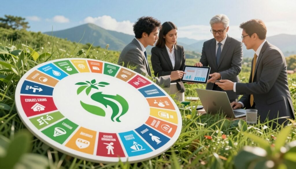 A visually striking representation of the Sustainable Development Goals (SDGs) emblem, prominently displayed in the foreground. Surrounding the emblem, illustrate diverse symbols representing each goal, such as clean water, renewable energy, quality education, and climate action, intricately interwoven into a vibrant mosaic. In the middle ground, depict a group of professionals in business attire engaging in a collaborative discussion, analyzing data on a digital tablet, showcasing international cooperation. The background should feature a lush, green landscape symbolizing ecological sustainability, with a clear blue sky and distant mountains. Soft, warm lighting enhances the hopeful atmosphere, while a slight tilt-angle perspective draws the viewer into the scene, conveying urgency and collaboration towards achieving the 2030 Agenda. A visually striking representation of the Sustainable Development Goals (SDGs) emblem, prominently displayed in the foreground. Surrounding the emblem, illustrate diverse symbols representing each goal, such as clean water, renewable energy, quality education, and climate action, intricately interwoven into a vibrant mosaic. In the middle ground, depict a group of professionals in business attire engaging in a collaborative discussion, analyzing data on a digital tablet, showcasing international cooperation. The background should feature a lush, green landscape symbolizing ecological sustainability, with a clear blue sky and distant mountains. Soft, warm lighting enhances the hopeful atmosphere, while a slight tilt-angle perspective draws the viewer into the scene, conveying urgency and collaboration towards achieving the 2030 Agenda.