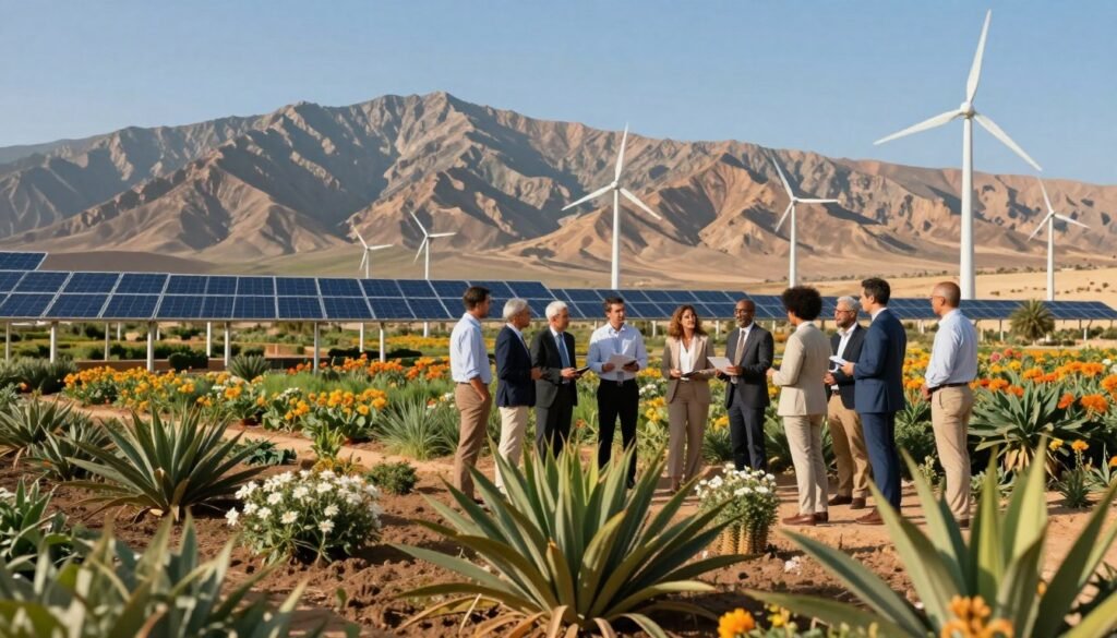 A visually striking representation of the ecological transition principles, featuring a lush Moroccan landscape in the foreground with flourishing native flora and sustainable farming practices. In the middle ground, a diverse group of professionals in modest business attire discusses eco-friendly initiatives, surrounded by solar panels and wind turbines, symbolizing renewable energy. The background showcases the majestic Atlas Mountains under a clear blue sky, illuminating the scene with warm, natural light that enhances the vibrancy of the environment. The mood is optimistic and forward-looking, emphasizing sustainability and collaboration for a greener future. The composition is balanced and harmonious, inviting viewers to reflect on ecological concepts without any text or distractions. A visually striking representation of the ecological transition principles, featuring a lush Moroccan landscape in the foreground with flourishing native flora and sustainable farming practices. In the middle ground, a diverse group of professionals in modest business attire discusses eco-friendly initiatives, surrounded by solar panels and wind turbines, symbolizing renewable energy. The background showcases the majestic Atlas Mountains under a clear blue sky, illuminating the scene with warm, natural light that enhances the vibrancy of the environment. The mood is optimistic and forward-looking, emphasizing sustainability and collaboration for a greener future. The composition is balanced and harmonious, inviting viewers to reflect on ecological concepts without any text or distractions.