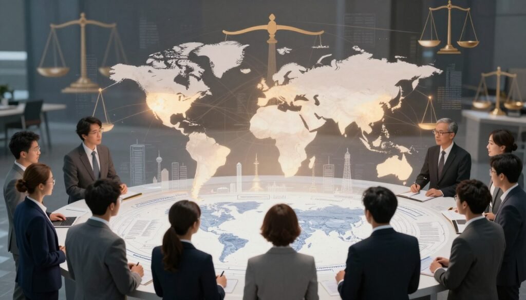 A visually striking representation of the evolution of international legal frameworks surrounding data protection. In the foreground, a diverse group of professionals in business attire, engaged in a discussion over a digital blueprint of international laws, showcasing maps and law documents. In the middle ground, a stylized representation of interconnected global landmarks, symbolizing different countries, illuminated by a soft, ambient light that adds warmth and a sense of collaboration. The background features abstract scales of justice and digital elements merging seamlessly, suggesting the balance between legal standards and technological advancements. The scene conveys a forward-looking, optimistic atmosphere, emphasizing growth, innovation, and global cooperation in data protection. The angle is slightly elevated, providing a dynamic perspective that captivates the viewer's interest. A visually striking representation of the evolution of international legal frameworks surrounding data protection. In the foreground, a diverse group of professionals in business attire, engaged in a discussion over a digital blueprint of international laws, showcasing maps and law documents. In the middle ground, a stylized representation of interconnected global landmarks, symbolizing different countries, illuminated by a soft, ambient light that adds warmth and a sense of collaboration. The background features abstract scales of justice and digital elements merging seamlessly, suggesting the balance between legal standards and technological advancements. The scene conveys a forward-looking, optimistic atmosphere, emphasizing growth, innovation, and global cooperation in data protection. The angle is slightly elevated, providing a dynamic perspective that captivates the viewer's interest.