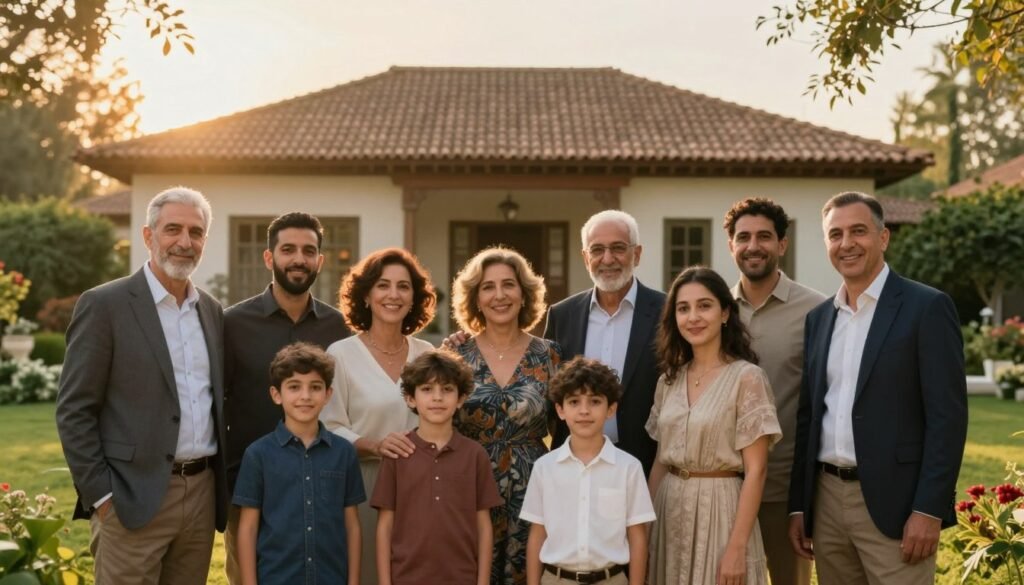 A warm, nostalgic portrait depicting the Bensadoun family heritage. In the foreground, a diverse group of family members dressed in smart casual attire stands together, showcasing a sense of unity and pride. Their expressions are warm and welcoming, reflecting resilience and connection to their roots. In the middle ground, an elegant, traditional family home with a charming garden conveys a sense of history and heritage. The background features soft, golden sunlight filtering through trees, creating a serene and inviting atmosphere. The composition is framed with a slightly blurred focus to emphasize the human subjects, while capturing the essence of familial bonds and legacy. The overall mood is one of warmth, nostalgia, and shared history, celebrating the Bensadoun family's journey. A warm, nostalgic portrait depicting the Bensadoun family heritage. In the foreground, a diverse group of family members dressed in smart casual attire stands together, showcasing a sense of unity and pride. Their expressions are warm and welcoming, reflecting resilience and connection to their roots. In the middle ground, an elegant, traditional family home with a charming garden conveys a sense of history and heritage. The background features soft, golden sunlight filtering through trees, creating a serene and inviting atmosphere. The composition is framed with a slightly blurred focus to emphasize the human subjects, while capturing the essence of familial bonds and legacy. The overall mood is one of warmth, nostalgia, and shared history, celebrating the Bensadoun family's journey.