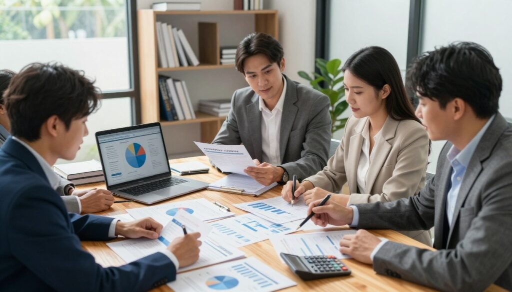 A warm office setting focusing on retirement savings and fiscal aspects. In the foreground, a diverse group of professionals in business attire, analyzing charts and graphs related to retirement plans. They should depict a sense of collaboration and concentration, with expressions of focus and engagement. In the middle, a large wooden table cluttered with financial documents, calculators, and a laptop displaying a pie chart on retirement savings. In the background, a well-organized bookshelf filled with financial literature and a window showing a sunny day. The lighting is bright and natural, streaming in from the window, creating a positive and productive atmosphere. The angle should be slightly elevated, capturing both the group and their work environment, emphasizing teamwork in retirement planning. A warm office setting focusing on retirement savings and fiscal aspects. In the foreground, a diverse group of professionals in business attire, analyzing charts and graphs related to retirement plans. They should depict a sense of collaboration and concentration, with expressions of focus and engagement. In the middle, a large wooden table cluttered with financial documents, calculators, and a laptop displaying a pie chart on retirement savings. In the background, a well-organized bookshelf filled with financial literature and a window showing a sunny day. The lighting is bright and natural, streaming in from the window, creating a positive and productive atmosphere. The angle should be slightly elevated, capturing both the group and their work environment, emphasizing teamwork in retirement planning.