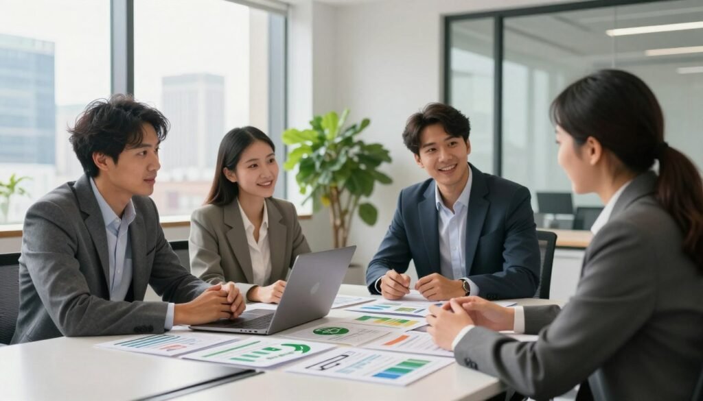 A well-lit office space with large windows allowing natural light to spill in, creating a vibrant and welcoming atmosphere. In the foreground, a diverse group of three professionals—two men and one woman—are gathered around a sleek conference table covered with eco-friendly investment brochures and a laptop displaying graphs. They are dressed in smart business attire, engaged in a focused discussion about sustainable investment strategies. In the middle ground, a green plant adding a touch of nature complements the scene. The background features a city skyline, symbolizing growth and progress. The overall mood is optimistic and collaborative, conveying actionable advice for responsible investing. The setting uses warm, inviting colors to inspire positivity and responsibility in financial decisions. A well-lit office space with large windows allowing natural light to spill in, creating a vibrant and welcoming atmosphere. In the foreground, a diverse group of three professionals—two men and one woman—are gathered around a sleek conference table covered with eco-friendly investment brochures and a laptop displaying graphs. They are dressed in smart business attire, engaged in a focused discussion about sustainable investment strategies. In the middle ground, a green plant adding a touch of nature complements the scene. The background features a city skyline, symbolizing growth and progress. The overall mood is optimistic and collaborative, conveying actionable advice for responsible investing. The setting uses warm, inviting colors to inspire positivity and responsibility in financial decisions.