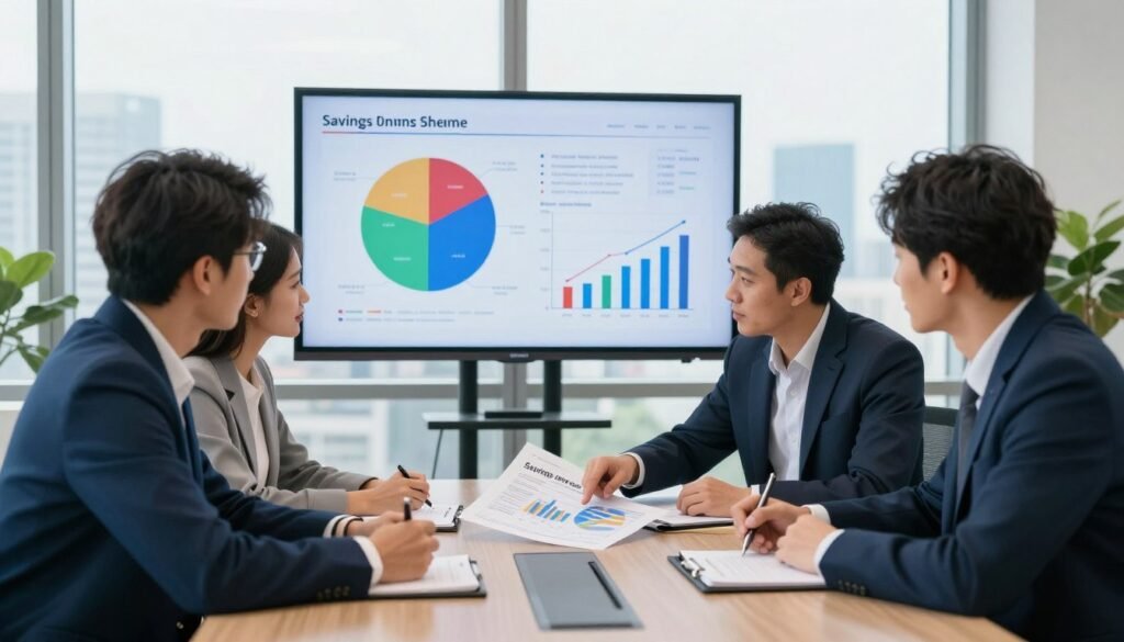 A well-organized concept plan for a savings investment scheme, featuring a modern office environment. In the foreground, a diverse group of three professionals—two men and one woman—are collaboratively discussing financial documents on a sleek conference table. The woman is pointing at a detailed financial chart, while the men attentively take notes. The middle ground showcases a large screen displaying a colorful pie chart and growth graphs related to investment opportunities. The background features large windows with a view of a city skyline, bright natural light flooding the room, creating an optimistic atmosphere. The color palette includes rich blues and greens, symbolizing growth and prosperity. Use a wide-angle lens to capture the team dynamics and emphasize a sense of collaboration and professionalism. A well-organized concept plan for a savings investment scheme, featuring a modern office environment. In the foreground, a diverse group of three professionals—two men and one woman—are collaboratively discussing financial documents on a sleek conference table. The woman is pointing at a detailed financial chart, while the men attentively take notes. The middle ground showcases a large screen displaying a colorful pie chart and growth graphs related to investment opportunities. The background features large windows with a view of a city skyline, bright natural light flooding the room, creating an optimistic atmosphere. The color palette includes rich blues and greens, symbolizing growth and prosperity. Use a wide-angle lens to capture the team dynamics and emphasize a sense of collaboration and professionalism.