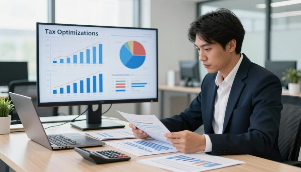 A well-organized office scene showcasing the concept of tax optimization and investment fees. In the foreground, a professional-looking individual, dressed in smart business attire, studies financial reports on a desk adorned with documents, a calculator, and a laptop. In the middle ground, a large screen displays graphs and pie charts related to taxes and investment strategies, symbolizing the analysis of fiscal impact. The background features a modern office environment with large windows allowing natural light to illuminate the space, creating a bright and focused atmosphere. The mood is one of concentration and professionalism, with soft lighting enhancing the clarity of the documents. The composition should be framed at eye level, emphasizing the individual’s engagement with the financial materials. A well-organized office scene showcasing the concept of tax optimization and investment fees. In the foreground, a professional-looking individual, dressed in smart business attire, studies financial reports on a desk adorned with documents, a calculator, and a laptop. In the middle ground, a large screen displays graphs and pie charts related to taxes and investment strategies, symbolizing the analysis of fiscal impact. The background features a modern office environment with large windows allowing natural light to illuminate the space, creating a bright and focused atmosphere. The mood is one of concentration and professionalism, with soft lighting enhancing the clarity of the documents. The composition should be framed at eye level, emphasizing the individual’s engagement with the financial materials.