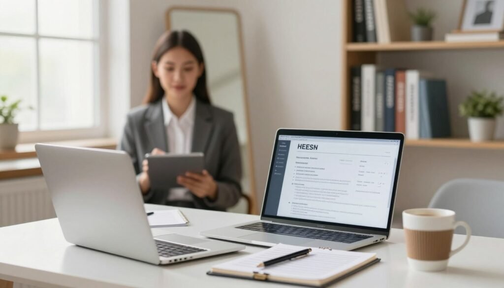 A well-organized workspace featuring a young professional preparing for a job interview. In the foreground, a neatly arranged desk with a laptop open to a resume, a notepad filled with notes, and a cup of coffee. The middle ground showcases a mirror reflecting the subject—a confident individual dressed in smart business attire, practicing answers. Soft natural light streams through a window, creating a warm and inviting atmosphere. The background has a bookshelf with career development books and a small plant adding a touch of green. The overall mood is focused and determined, symbolizing effective preparation for the upcoming interview. The image should have a clean, professional look, emphasizing readiness and ambition. A well-organized workspace featuring a young professional preparing for a job interview. In the foreground, a neatly arranged desk with a laptop open to a resume, a notepad filled with notes, and a cup of coffee. The middle ground showcases a mirror reflecting the subject—a confident individual dressed in smart business attire, practicing answers. Soft natural light streams through a window, creating a warm and inviting atmosphere. The background has a bookshelf with career development books and a small plant adding a touch of green. The overall mood is focused and determined, symbolizing effective preparation for the upcoming interview. The image should have a clean, professional look, emphasizing readiness and ambition.