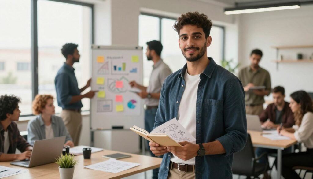 A young Moroccan entrepreneur stands confidently in a modern co-working space in Casablanca, surrounded by a diverse group of professionals engaged in discussions and brainstorming ideas. In the foreground, the entrepreneur, dressed in smart casual attire, holds a notebook filled with sketches and notes, symbolizing the validation of their business idea. In the middle ground, a whiteboard with colorful diagrams and post-it notes showcases the collaborative effort of team members. The background features large windows that allow natural light to flood the space, creating an inspiring and uplifting atmosphere. The scene captures a sense of motivation, innovation, and community, highlighting the essence of entrepreneurship in Morocco. Soft, warm lighting enhances the approachable, dynamic mood of the setting. A young Moroccan entrepreneur stands confidently in a modern co-working space in Casablanca, surrounded by a diverse group of professionals engaged in discussions and brainstorming ideas. In the foreground, the entrepreneur, dressed in smart casual attire, holds a notebook filled with sketches and notes, symbolizing the validation of their business idea. In the middle ground, a whiteboard with colorful diagrams and post-it notes showcases the collaborative effort of team members. The background features large windows that allow natural light to flood the space, creating an inspiring and uplifting atmosphere. The scene captures a sense of motivation, innovation, and community, highlighting the essence of entrepreneurship in Morocco. Soft, warm lighting enhances the approachable, dynamic mood of the setting.
