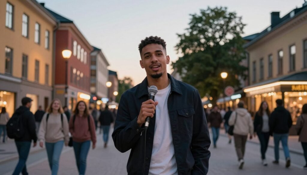 A young Moroccan musician in his early career, dressed in smart casual attire, stands confidently in a vibrant Swedish cityscape during dusk. In the foreground, he is holding a microphone, with an expression of passion for music. The middle ground features a bustling urban street lined with colorful buildings and happy crowds, illustrating cultural interactions. Behind him, the soft glow of streetlights and the silhouette of trees capture a serene evening atmosphere, with hints of Swedish architecture subtly blended in. The lighting is warm, creating a welcoming mood, while the composition is framed from a slightly low angle to emphasize his presence. The overall vibe is inspirational, celebrating cultural exchange and the beginnings of a musical journey. A young Moroccan musician in his early career, dressed in smart casual attire, stands confidently in a vibrant Swedish cityscape during dusk. In the foreground, he is holding a microphone, with an expression of passion for music. The middle ground features a bustling urban street lined with colorful buildings and happy crowds, illustrating cultural interactions. Behind him, the soft glow of streetlights and the silhouette of trees capture a serene evening atmosphere, with hints of Swedish architecture subtly blended in. The lighting is warm, creating a welcoming mood, while the composition is framed from a slightly low angle to emphasize his presence. The overall vibe is inspirational, celebrating cultural exchange and the beginnings of a musical journey.