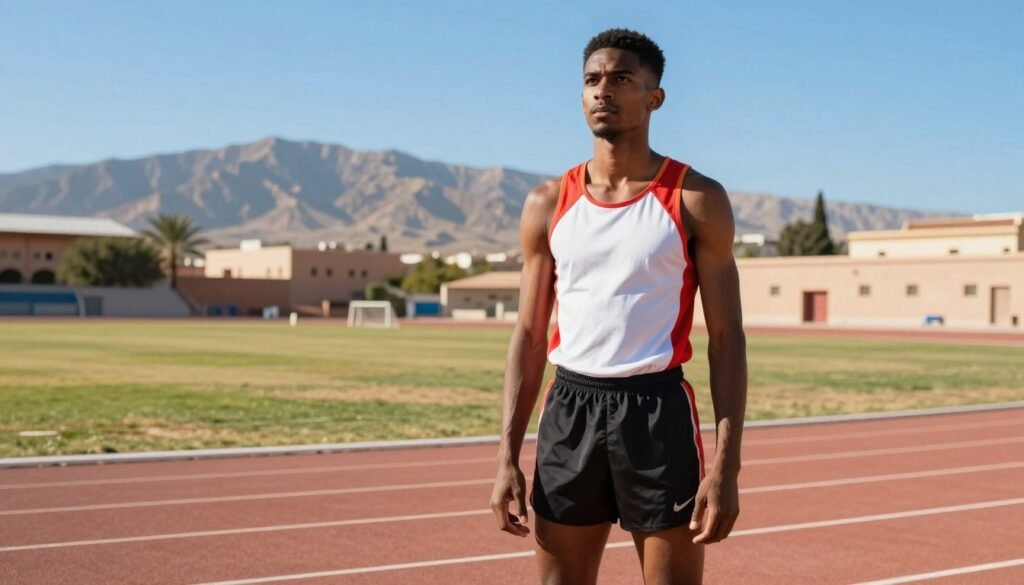 A young Nezha Bidouane, portrayed as a determined athlete in a vibrant Moroccan landscape, stands confidently in the foreground. He wears a fitted sports jersey and shorts, showcasing a muscular physique, with a determined expression reflecting his early ambition. In the middle ground, a track field stretches out under a bright blue sky, with warm sunlight illuminating the scene, creating a sense of hope and motivation. In the background, the outline of the Atlas Mountains adds depth and context, symbolizing his roots. The atmosphere is energetic and inspiring, evoking a sense of enthusiasm for sports and perseverance. Capture this scene from a slightly low angle to emphasize his stature and determination, while keeping the focus clear and vibrant, without any text or overlays. A young Nezha Bidouane, portrayed as a determined athlete in a vibrant Moroccan landscape, stands confidently in the foreground. He wears a fitted sports jersey and shorts, showcasing a muscular physique, with a determined expression reflecting his early ambition. In the middle ground, a track field stretches out under a bright blue sky, with warm sunlight illuminating the scene, creating a sense of hope and motivation. In the background, the outline of the Atlas Mountains adds depth and context, symbolizing his roots. The atmosphere is energetic and inspiring, evoking a sense of enthusiasm for sports and perseverance. Capture this scene from a slightly low angle to emphasize his stature and determination, while keeping the focus clear and vibrant, without any text or overlays.