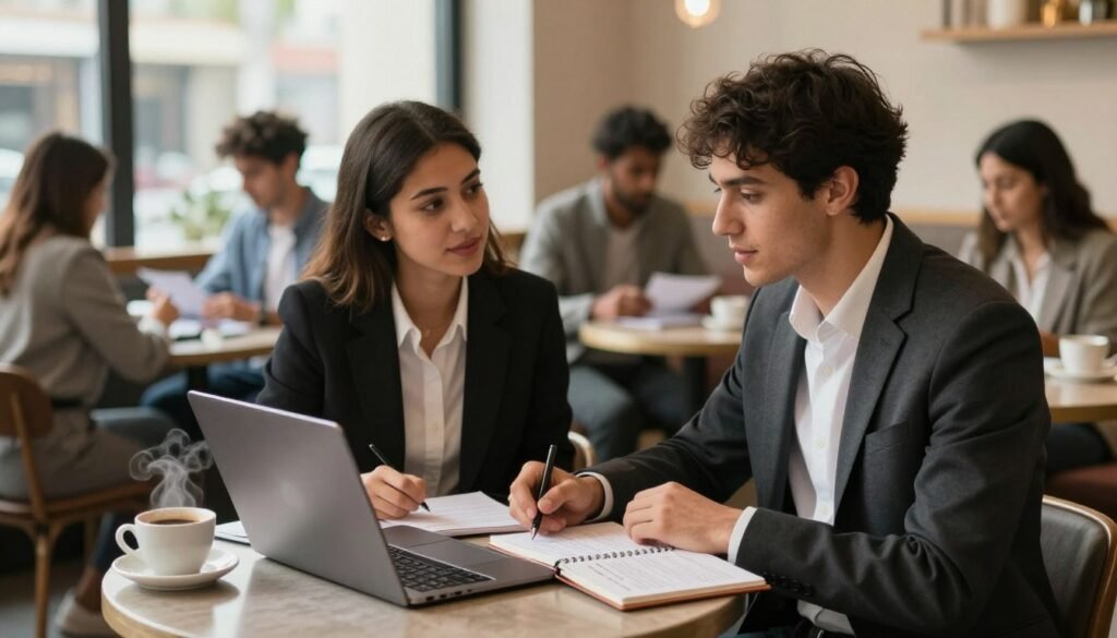 A young professional man and woman, both dressed in smart business attire, are seated at a small round table in a modern café setting, engaged in a focused discussion about job strategies. The foreground features an open laptop showcasing a job search website, a notebook with handwritten notes, and a steaming cup of coffee. In the middle, soft natural light filters through large windows, illuminating the space and creating a cozy atmosphere. In the background, other young people are seen networking and studying, conveying a sense of opportunity and collaboration. The overall mood is motivated and hopeful, reflecting the determination to secure that first job in Morocco. A young professional man and woman, both dressed in smart business attire, are seated at a small round table in a modern café setting, engaged in a focused discussion about job strategies. The foreground features an open laptop showcasing a job search website, a notebook with handwritten notes, and a steaming cup of coffee. In the middle, soft natural light filters through large windows, illuminating the space and creating a cozy atmosphere. In the background, other young people are seen networking and studying, conveying a sense of opportunity and collaboration. The overall mood is motivated and hopeful, reflecting the determination to secure that first job in Morocco.